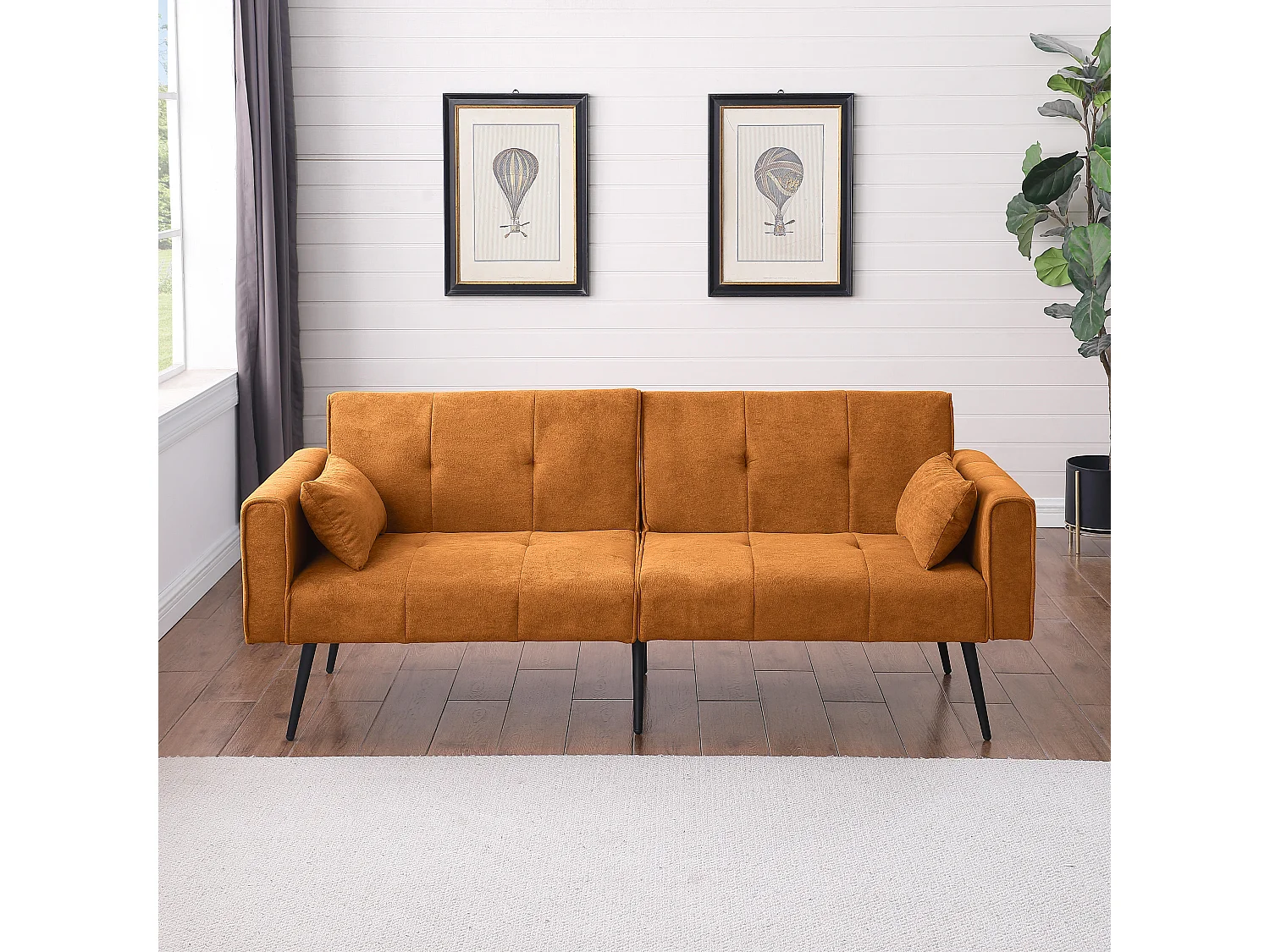 Canapé, installation facile, mousse haute résilience, structure bois et panneaux, pieds métalliques, tissu jaune