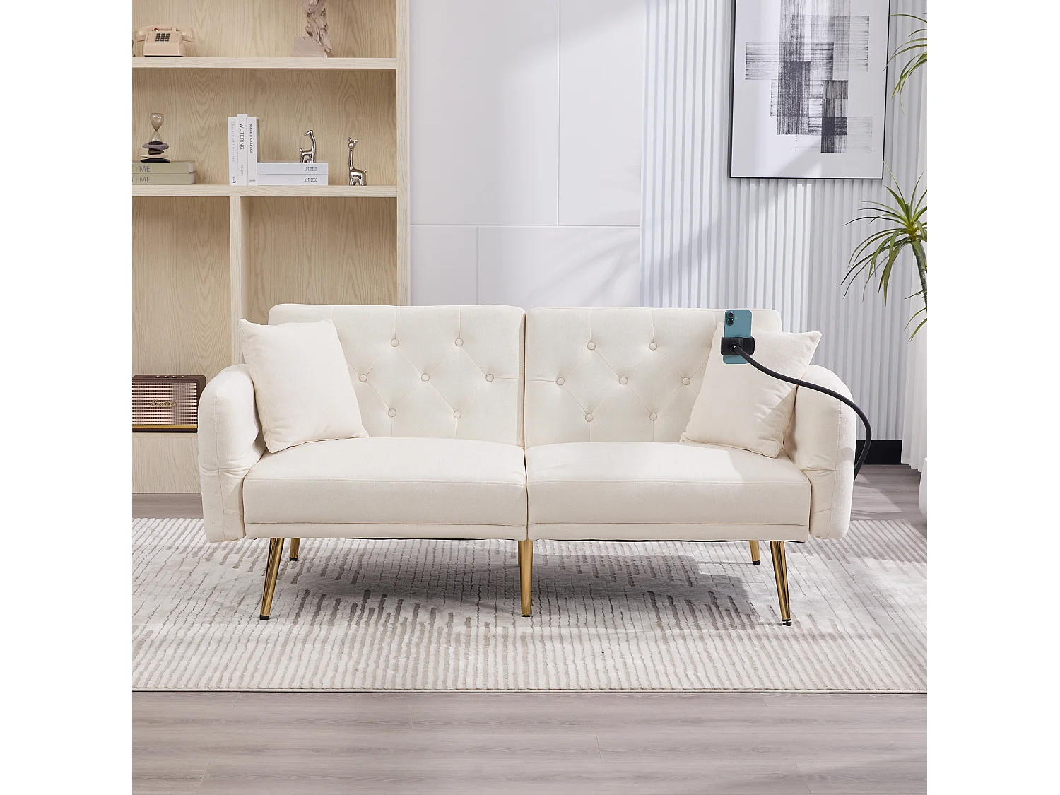 Canapé convertible 2 places 173x78x78 cm, dossier 3 positions, 2 ports USB, porte téléphone, poche latérale, chenille beige