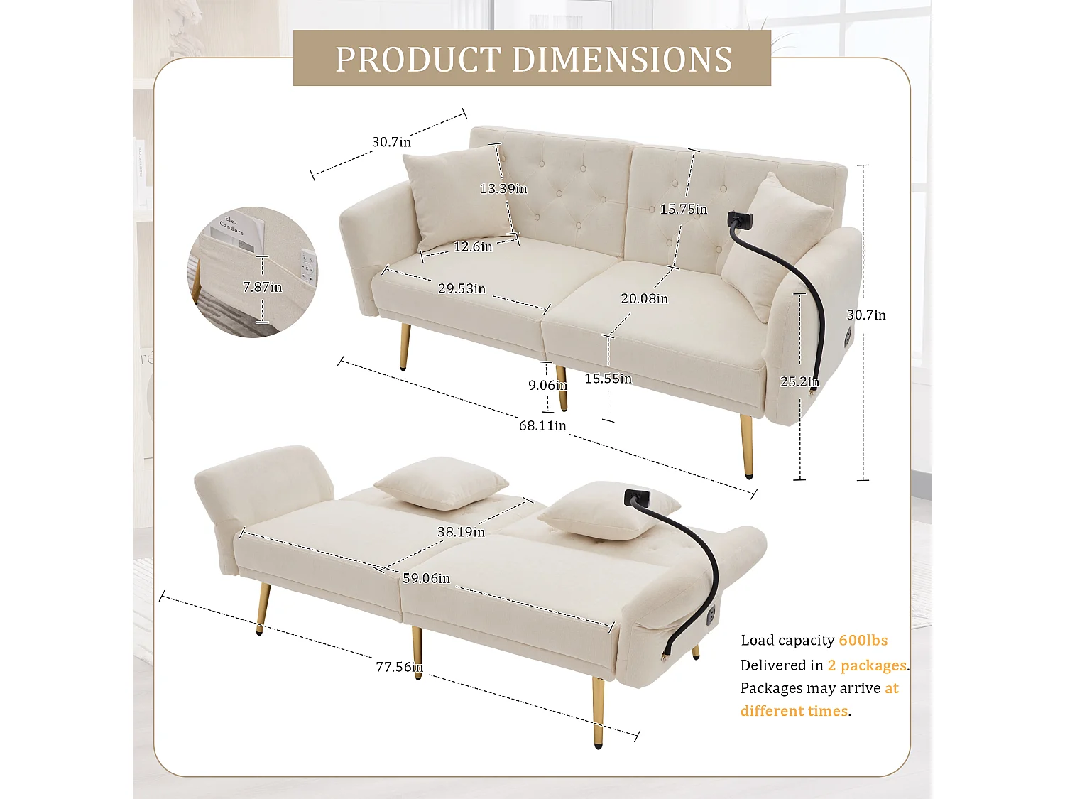 Canapé convertible 2 places 173x78x78 cm, dossier 3 positions, 2 ports USB, porte téléphone, poche latérale, chenille beige