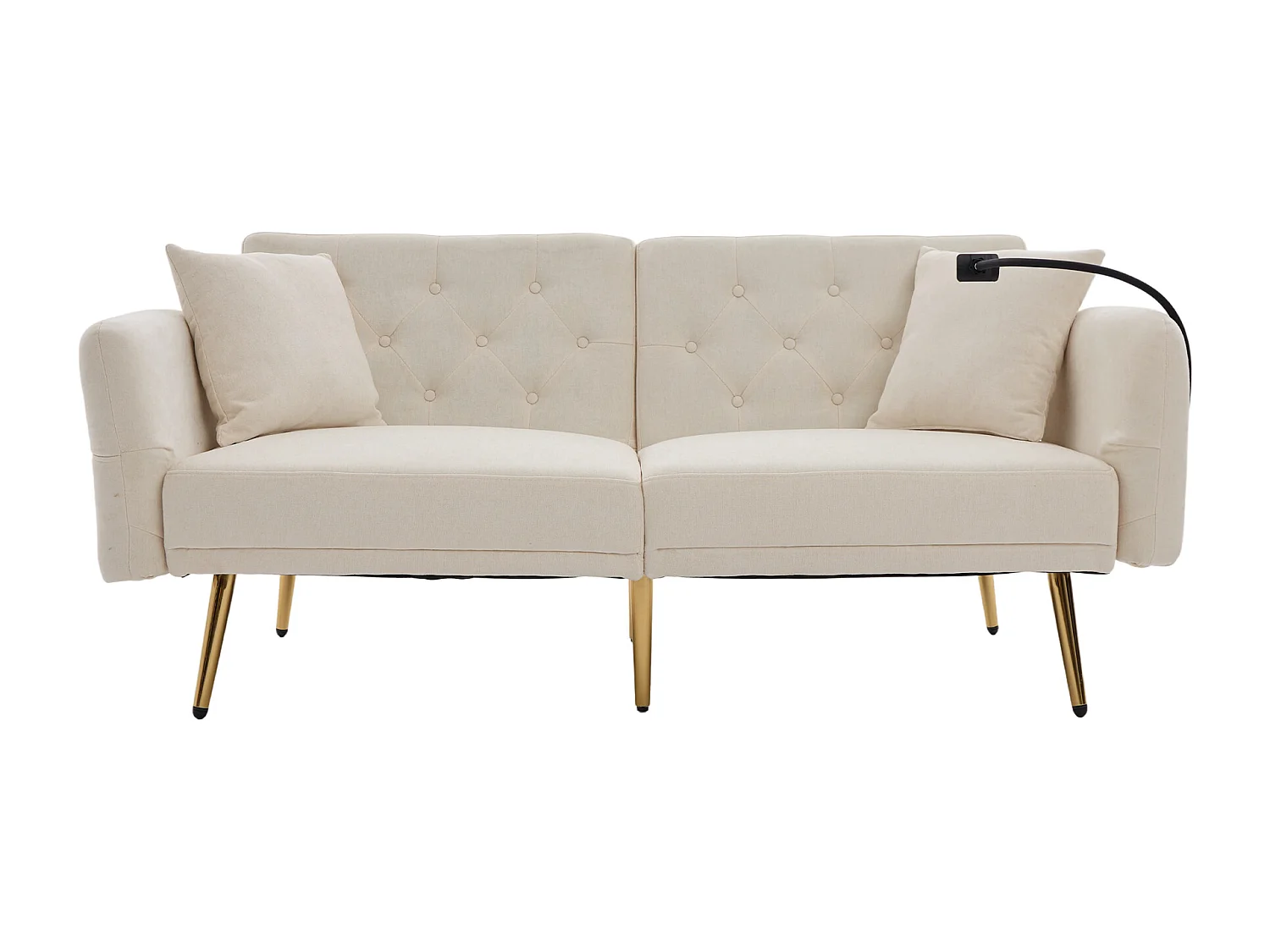 Canapé convertible 2 places 173x78x78 cm, dossier 3 positions, 2 ports USB, porte téléphone, poche latérale, chenille beige