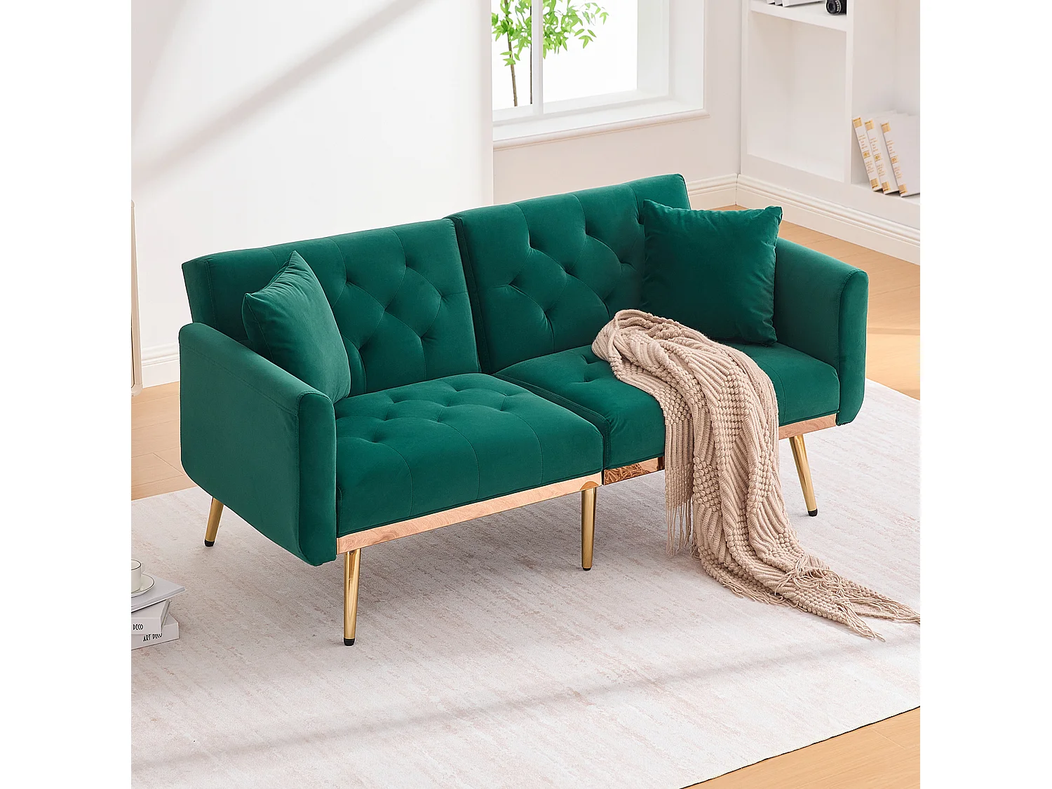 Canapé double convertible 165x72.5x75cm style moderne montage facile pieds métal dorés velours Émeraude
