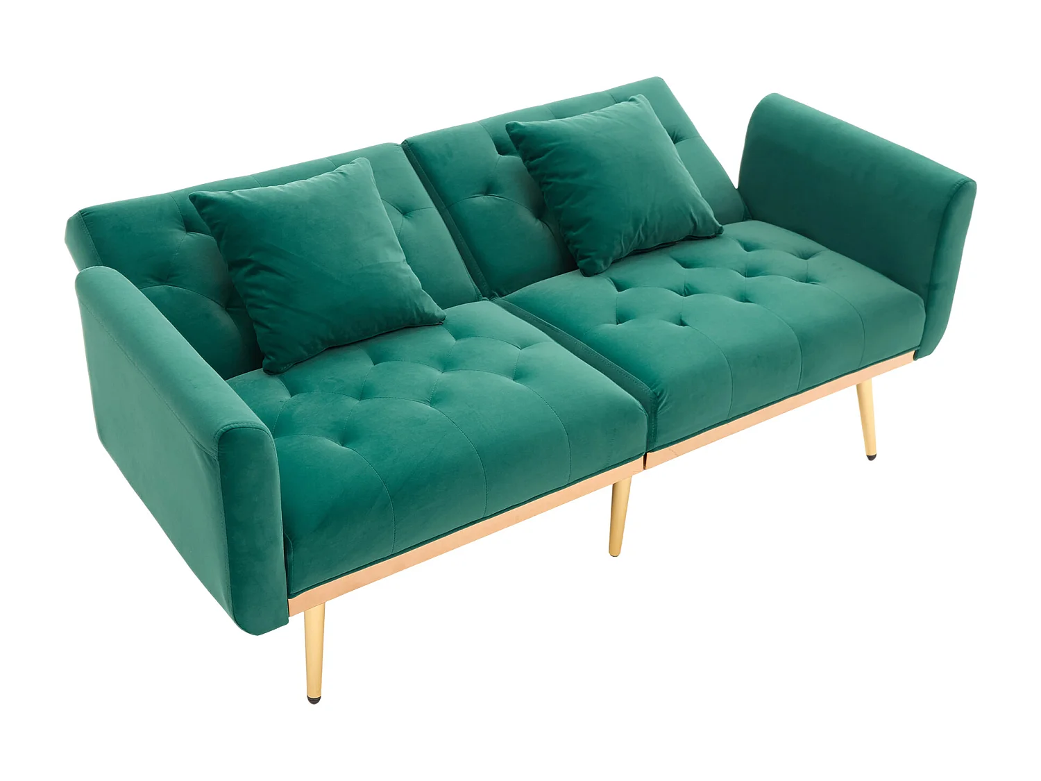 Canapé double convertible 165x72.5x75cm style moderne montage facile pieds métal dorés velours Émeraude