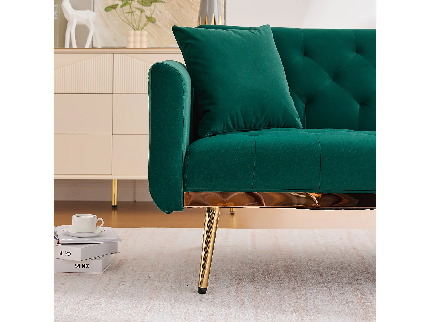 Canapé double convertible 165x72.5x75cm style moderne montage facile pieds métal dorés velours Émeraude