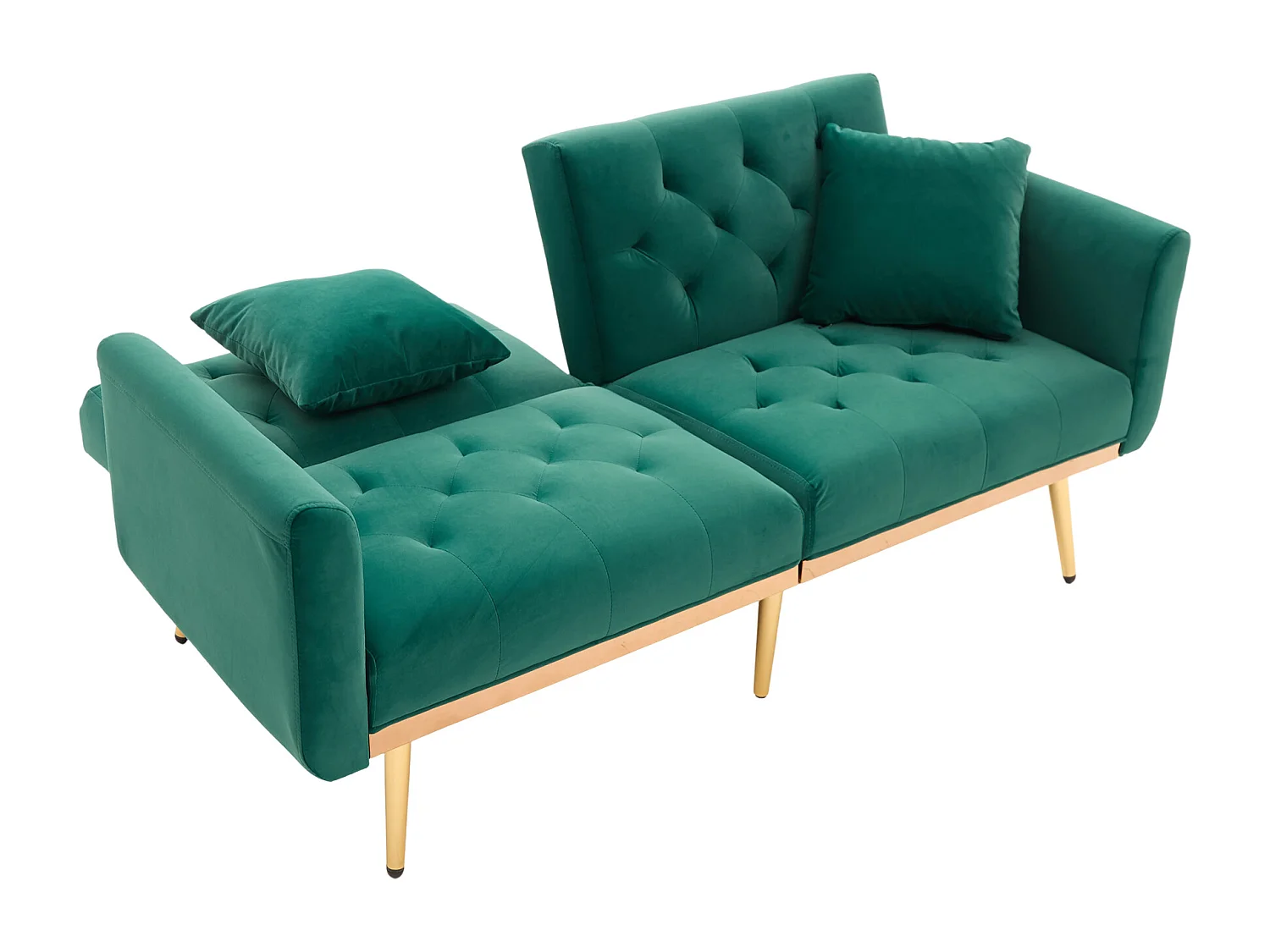 Canapé double convertible 165x72.5x75cm style moderne montage facile pieds métal dorés velours Émeraude