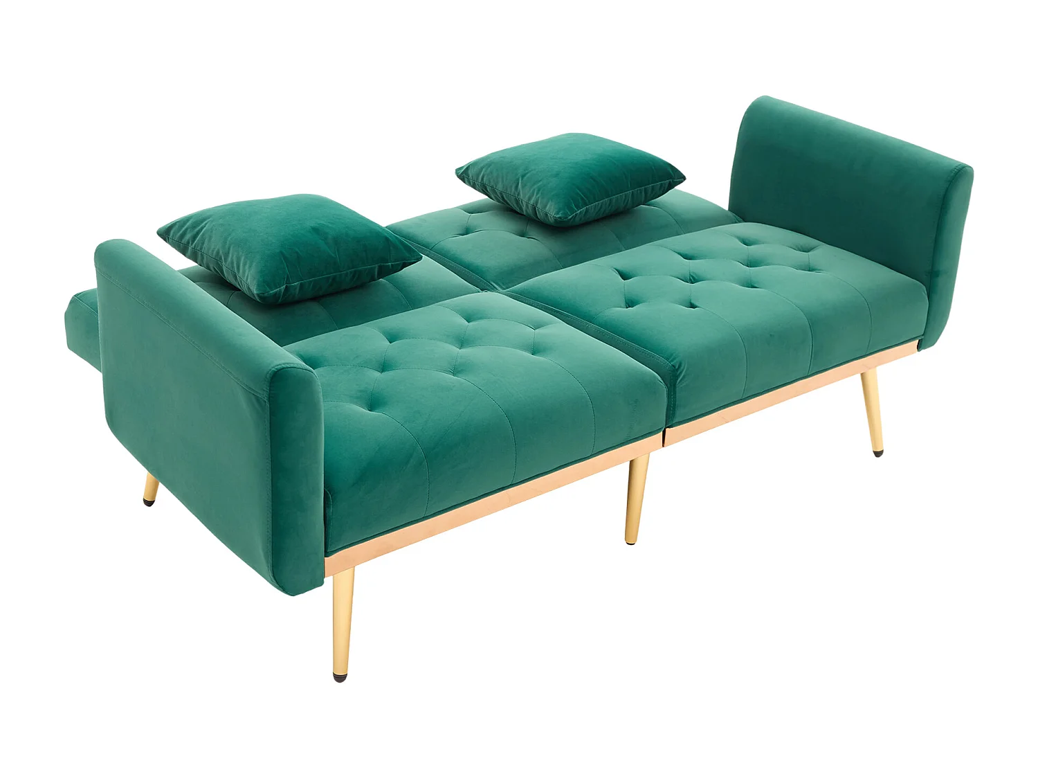 Canapé double convertible 165x72.5x75cm style moderne montage facile pieds métal dorés velours Émeraude