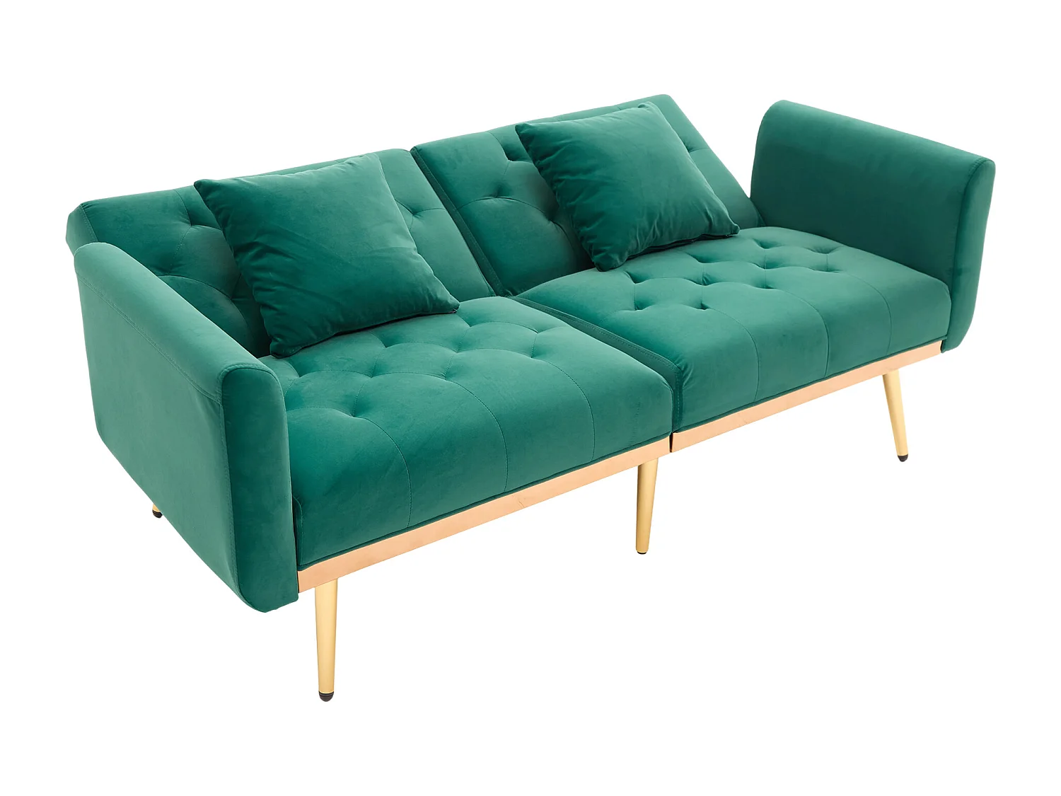 Canapé double convertible 165x72.5x75cm style moderne montage facile pieds métal dorés velours Émeraude