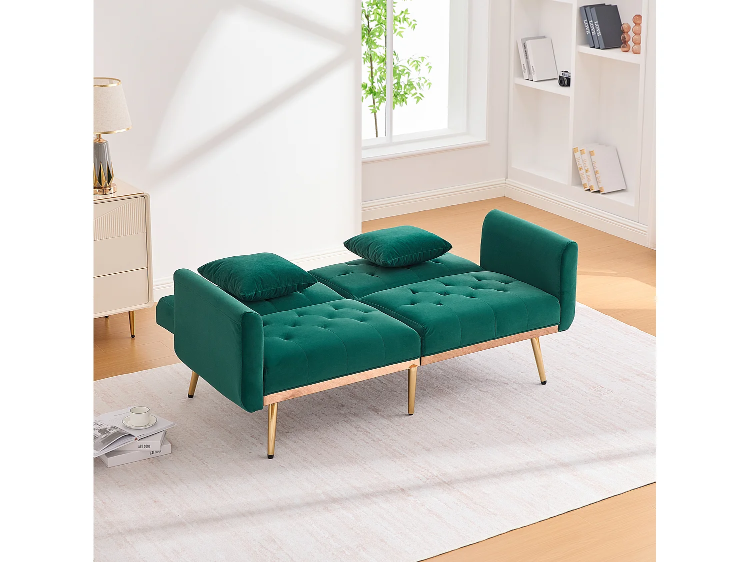 Canapé double convertible 165x72.5x75cm style moderne montage facile pieds métal dorés velours Émeraude