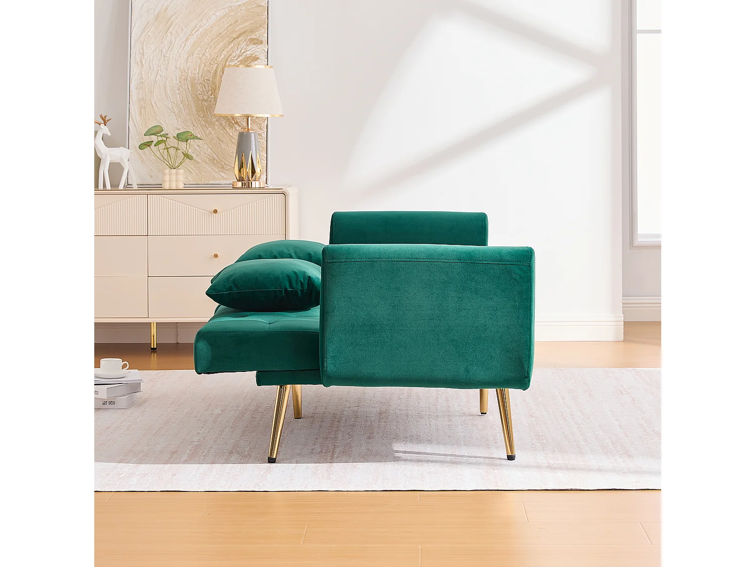 Canapé double convertible 165x72.5x75cm style moderne montage facile pieds métal dorés velours Émeraude