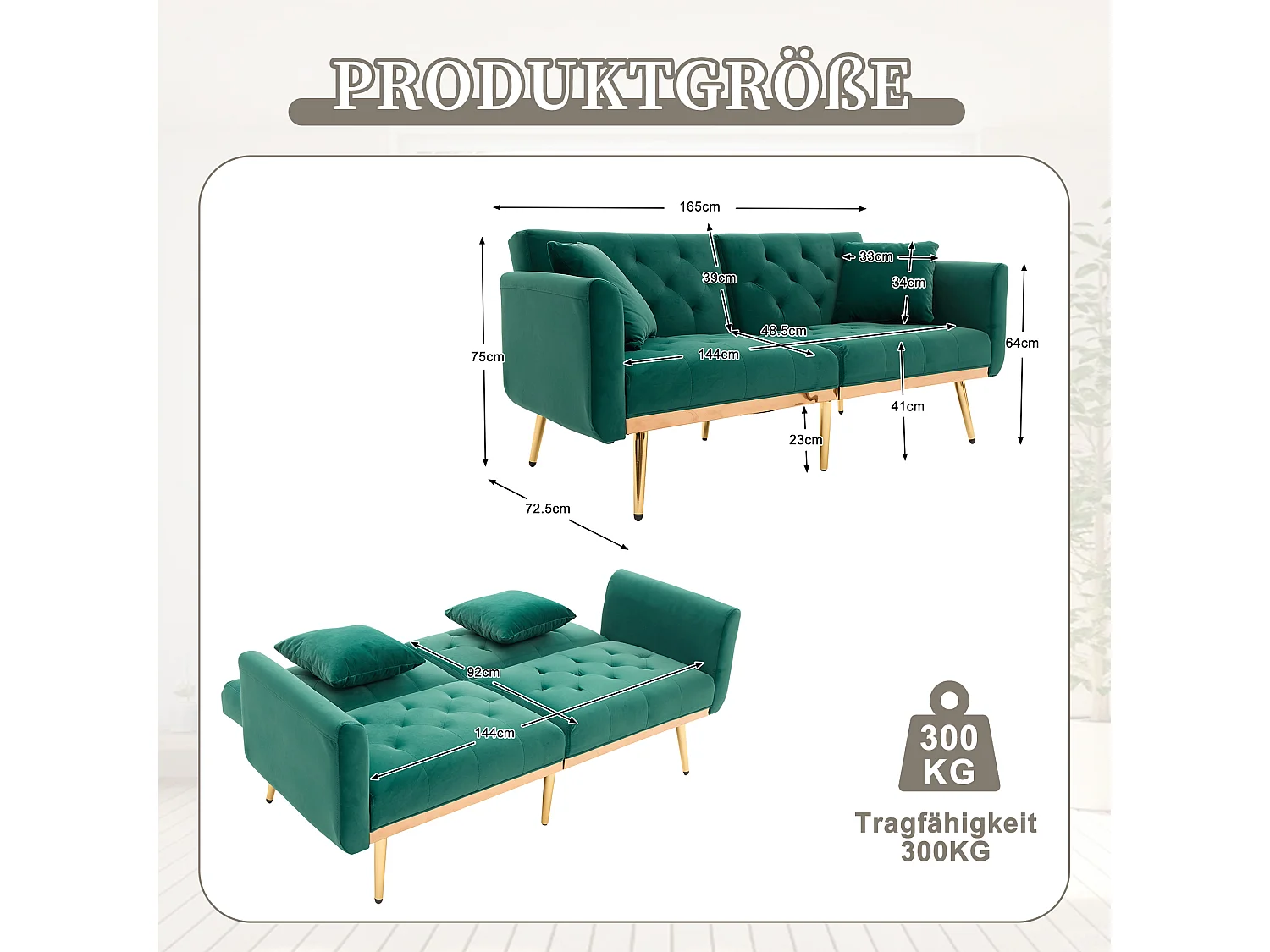 Canapé 2 places 165x72.5x75 cm, convertible en lit, dossier réglable, velours, vert émeraude