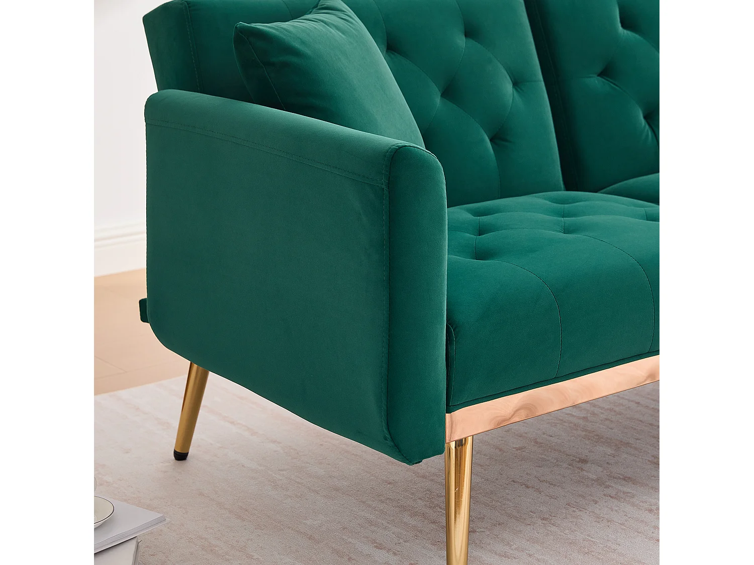 Canapé 2 places 165x72.5x75 cm, convertible en lit, dossier réglable, velours, vert émeraude