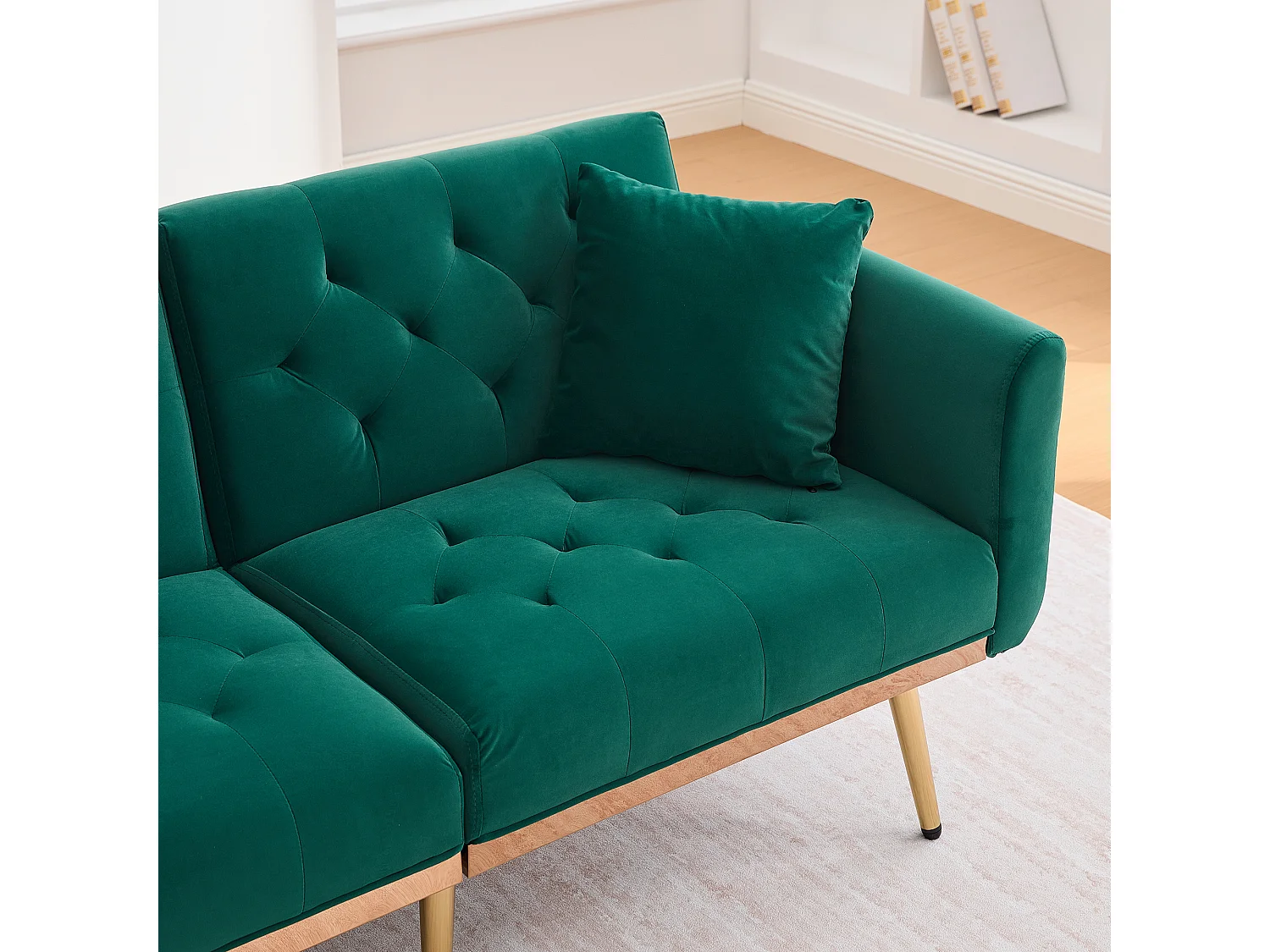 Canapé 2 places 165x72.5x75 cm, convertible en lit, dossier réglable, velours, vert émeraude