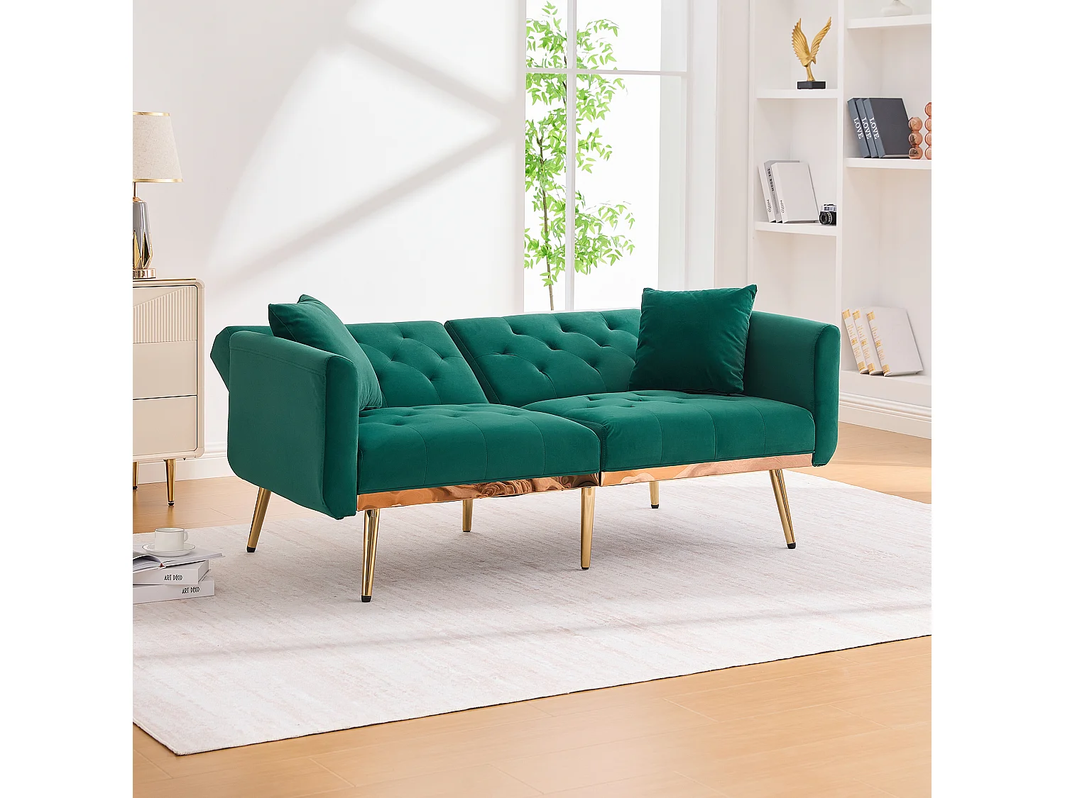 Canapé 2 places 165x72.5x75 cm, convertible en lit, dossier réglable, velours, vert émeraude