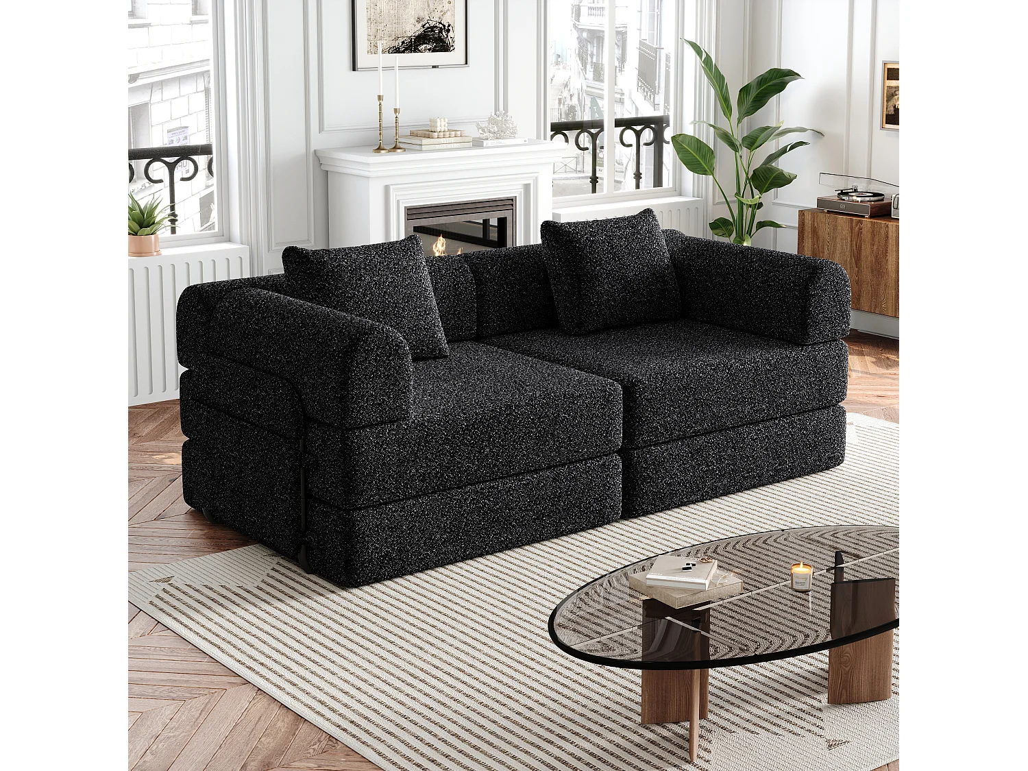 Canapé convertible modulable avec compartiment dans laccoudoir chenille assise antiderapante noir