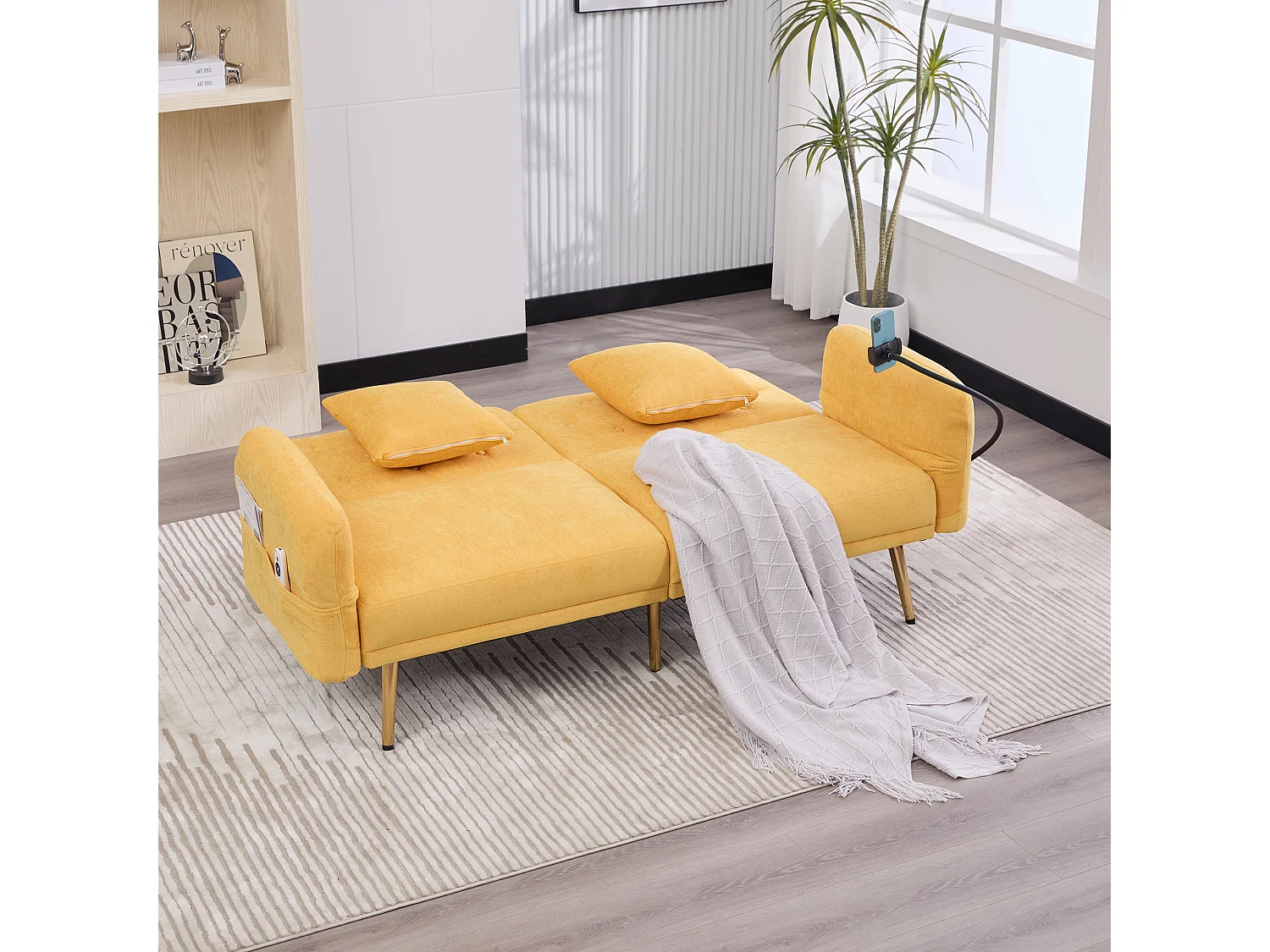 Canapé double convertible 173x78x78cm 6 pieds métal style moderne dossier réglable 3 positions mousse chenille pratique pour salon Jaune