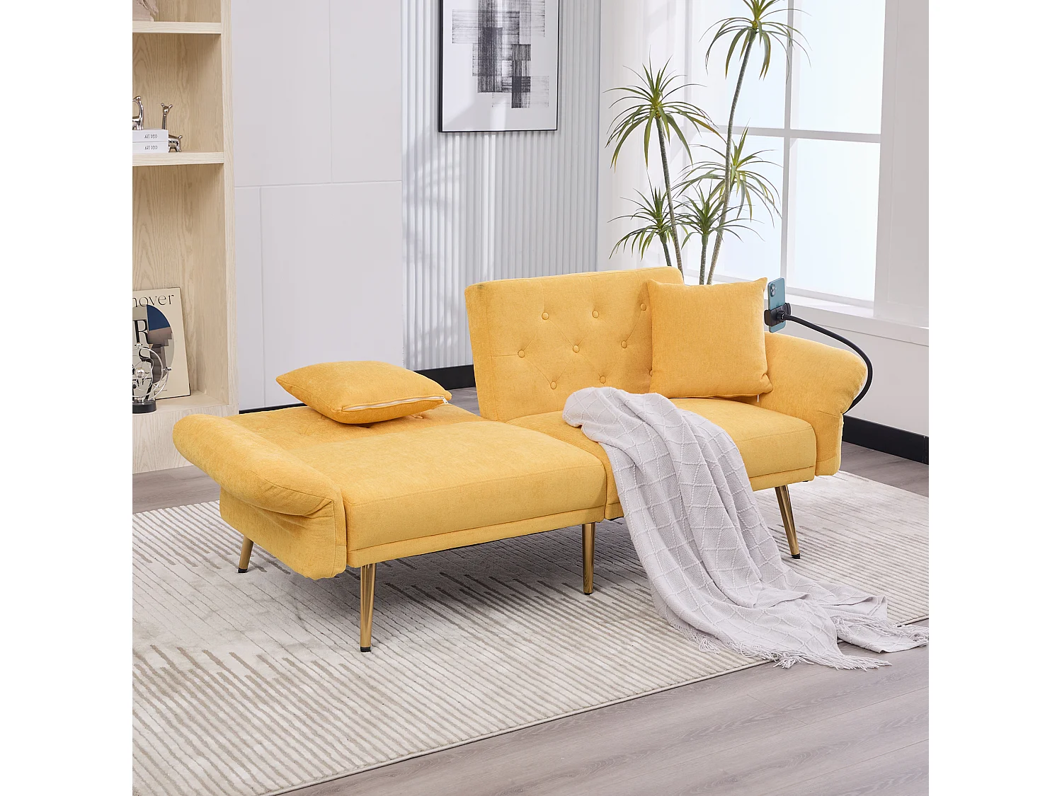 Canapé double convertible 173x78x78cm 6 pieds métal style moderne dossier réglable 3 positions mousse chenille pratique pour salon Jaune