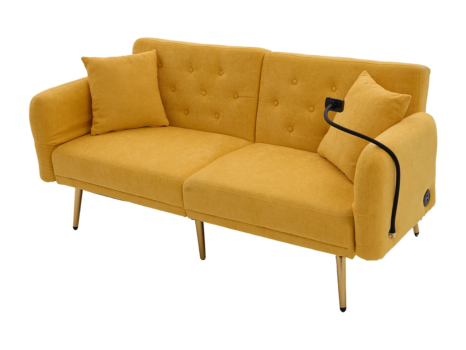 Canapé convertible 2 places 173x78x78 cm, dossier 3 positions, 2 ports USB et support téléphone, chenille jaune