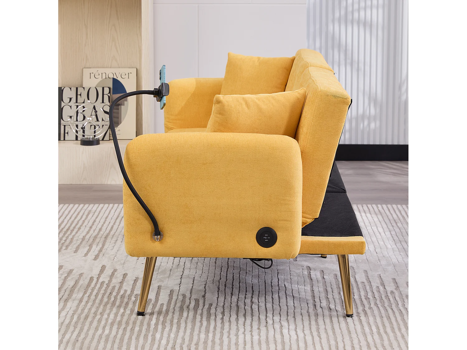 Canapé convertible 2 places 173x78x78 cm, dossier 3 positions, 2 ports USB et support téléphone, chenille jaune