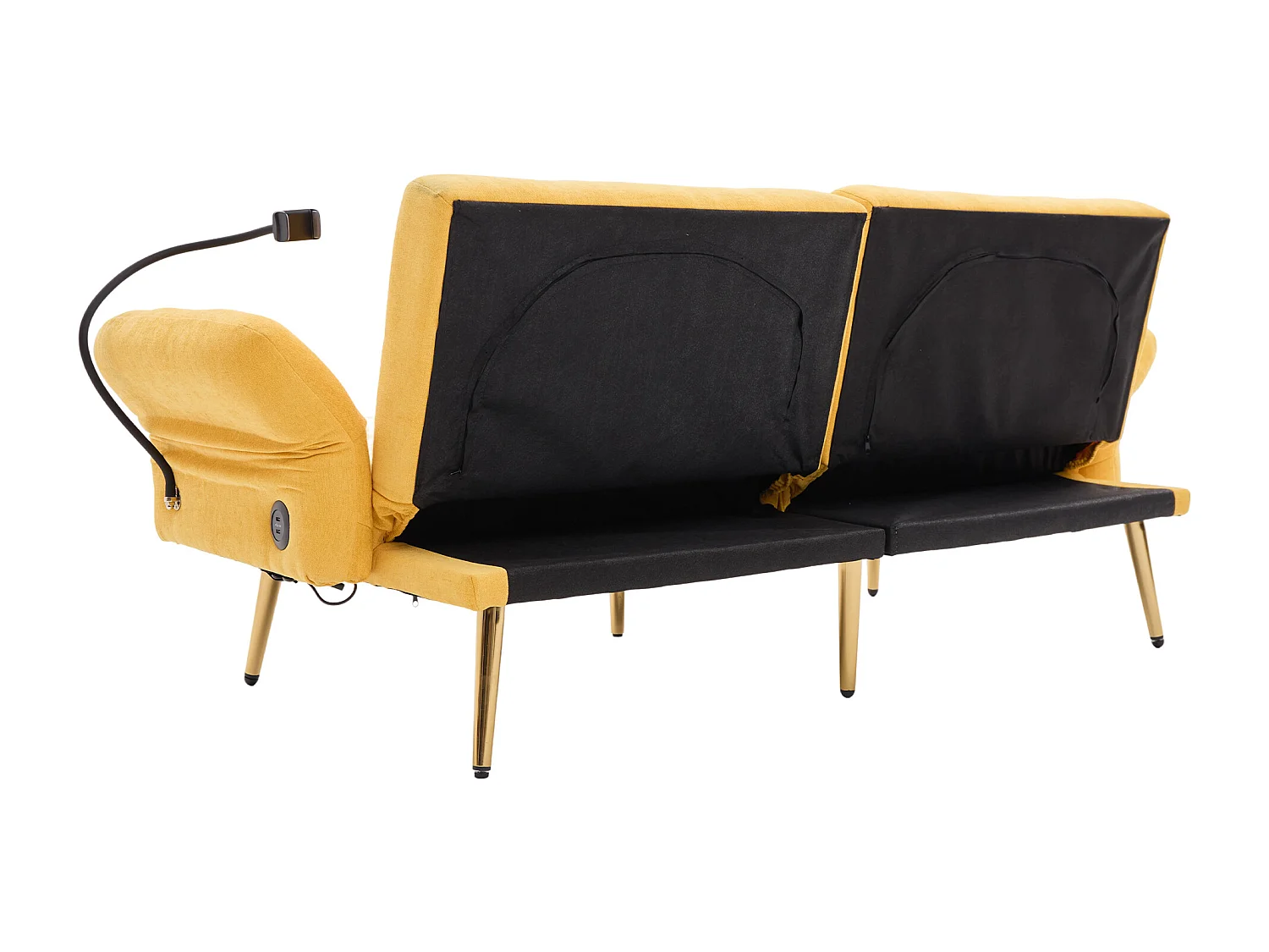 Canapé convertible 2 places 173x78x78 cm, dossier 3 positions, 2 ports USB et support téléphone, chenille jaune