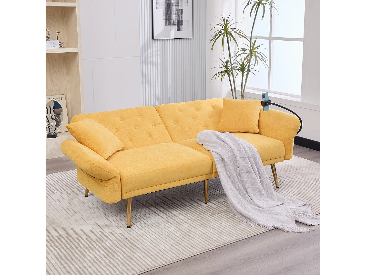 Canapé convertible 2 places 173x78x78 cm, dossier 3 positions, 2 ports USB et support téléphone, chenille jaune