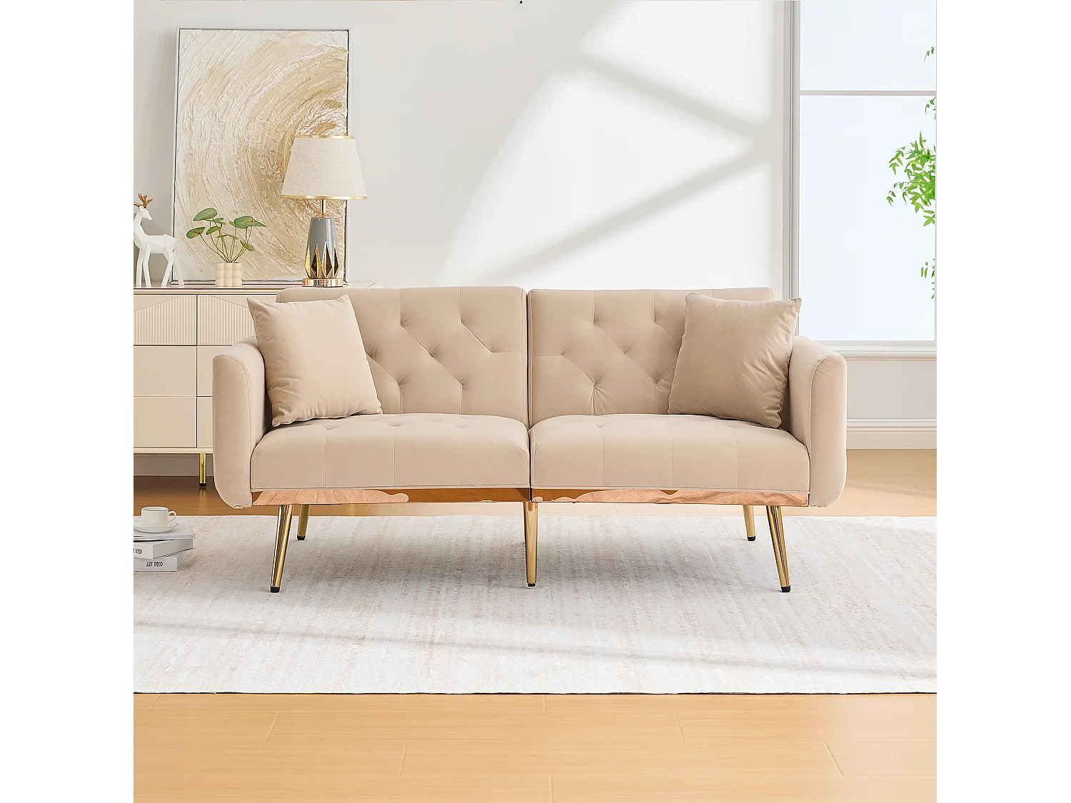 Slaapbank 3 zitplaatsen verstelbare rugleuning 3 standen omvormbaar tot bed fluweel woonkamer Beige (Zonder matras)