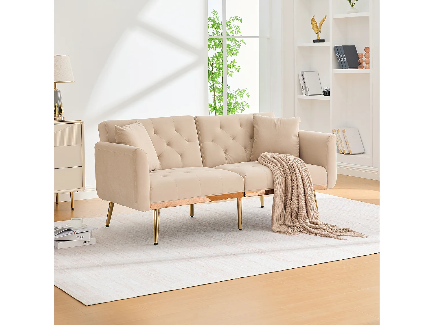 Slaapbank 3 zitplaatsen verstelbare rugleuning 3 standen omvormbaar tot bed fluweel woonkamer Beige (Zonder matras)