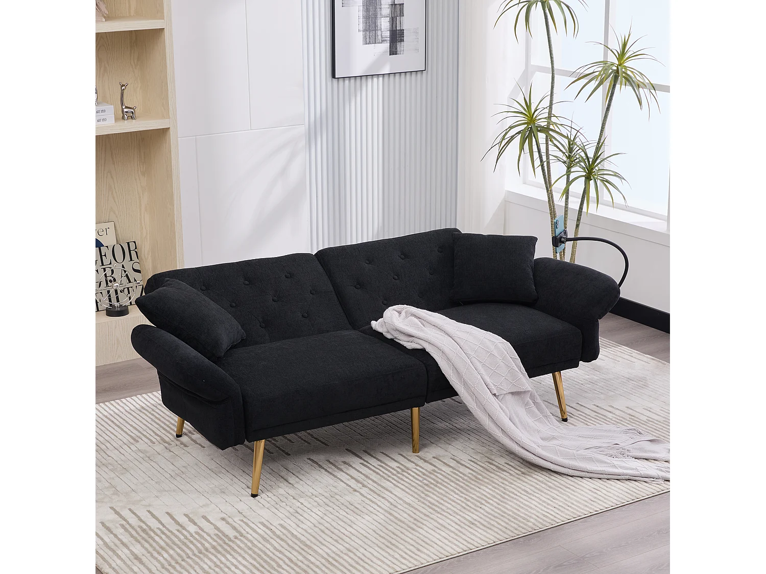 Canapé double convertible 173x78x78cm style moderne fonction relax dossier réglable Chenille pour salon Noir