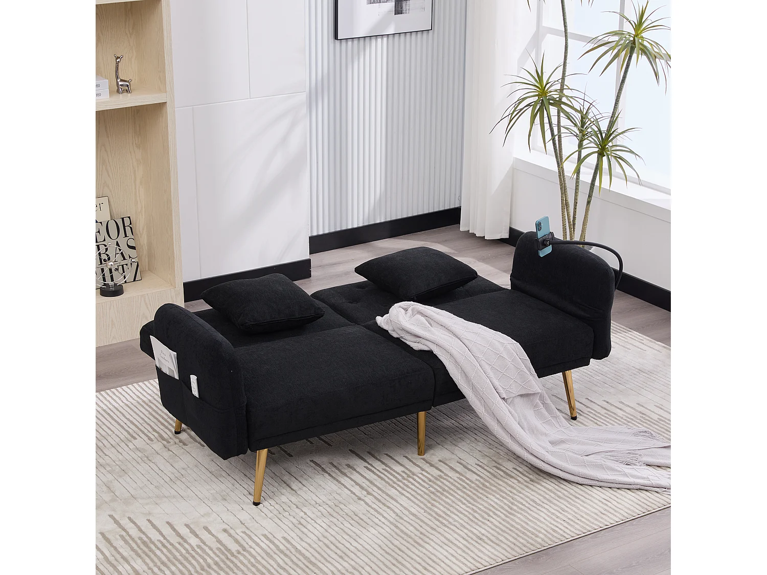 Canapé double convertible 173x78x78cm style moderne fonction relax dossier réglable Chenille pour salon Noir