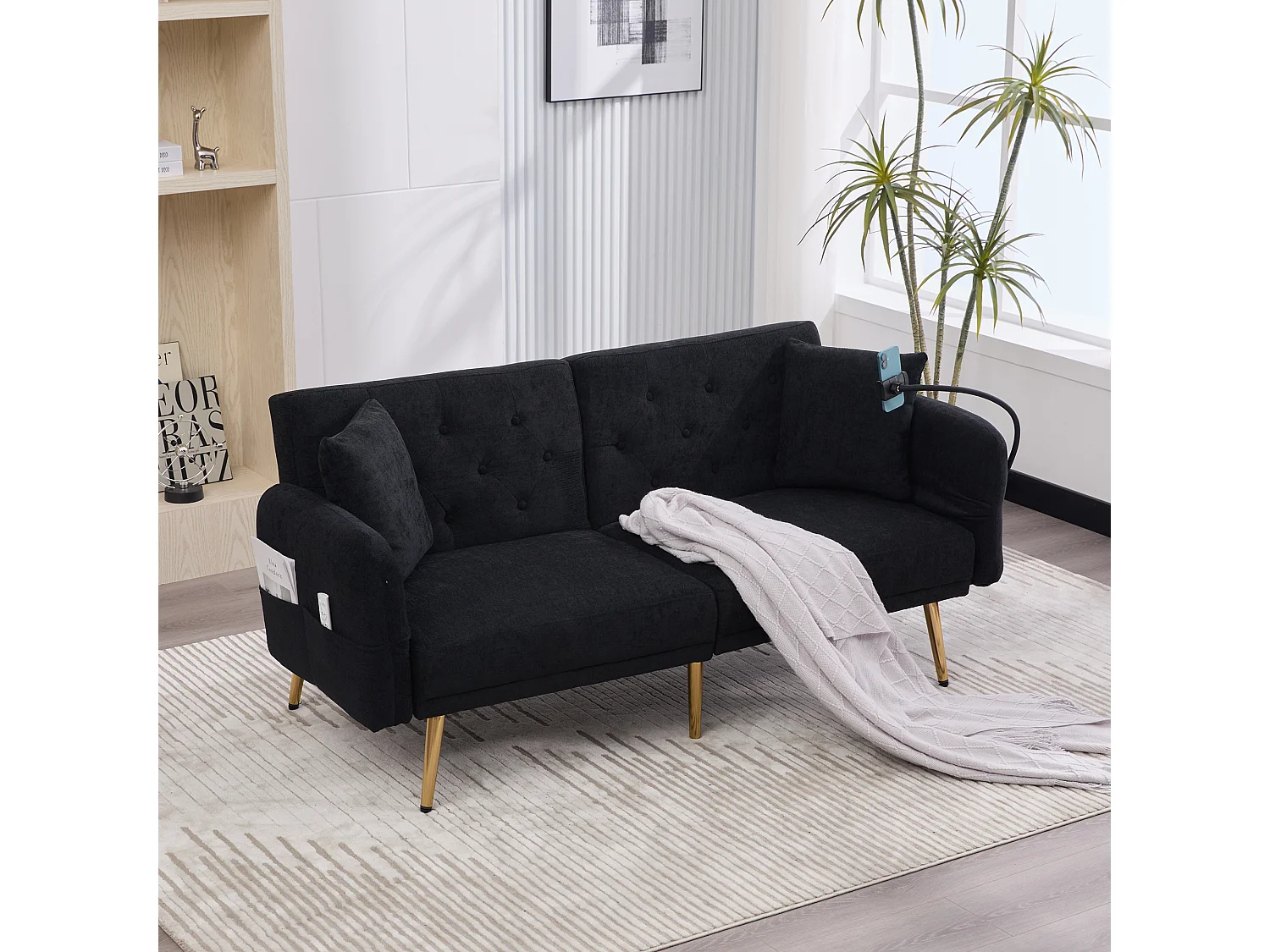 Canapé convertible 2 places 173x78x78 cm, dossier réglable, 2 ports USB, porte téléphone, pochette, chenille noir