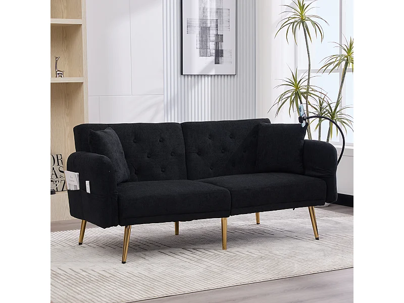 Canapé double convertible 173x78x78cm style moderne fonction relax dossier réglable Chenille pour salon Noir