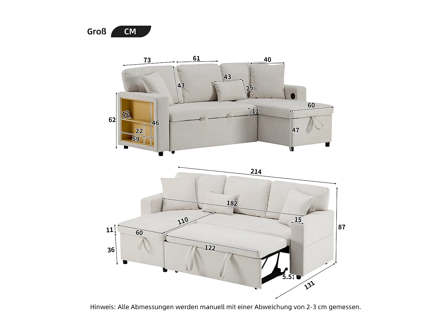 Canape d angle convertible 214x131x87cm canape modulable style moderne port USB integre tissu velours pour salon beige