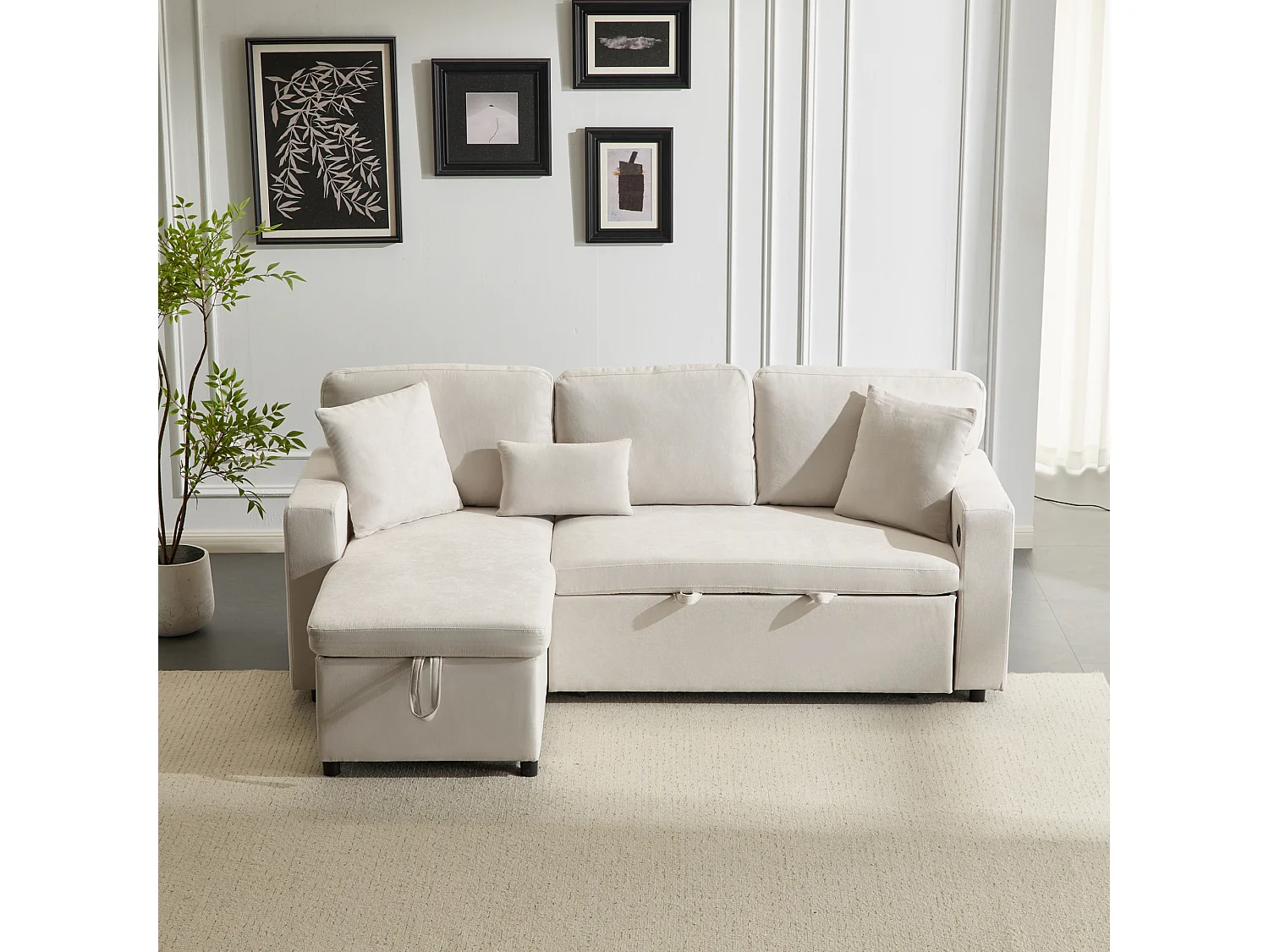 Canape d angle convertible 214x131x87cm canape modulable style moderne port USB integre tissu velours pour salon beige