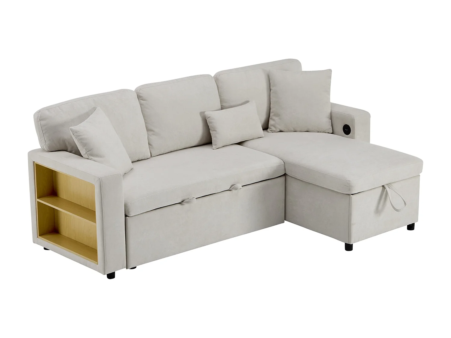 Canapé d’angle convertible 214x131x87 cm, méridienne réversible, USB intégré, rangement avec étagère, flanell beige