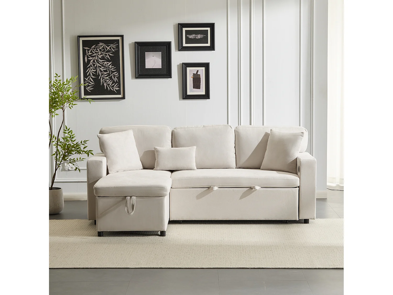 Canapé d’angle convertible 214x131x87 cm, méridienne réversible, USB intégré, rangement avec étagère, flanell beige