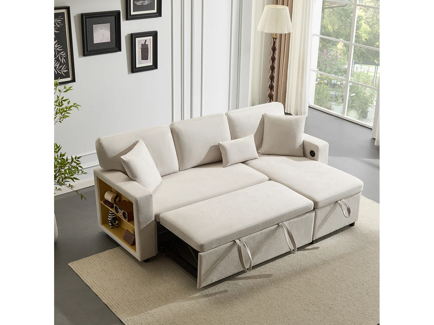 Canapé d’angle convertible 214x131x87 cm, méridienne réversible, USB intégré, rangement avec étagère, flanell beige