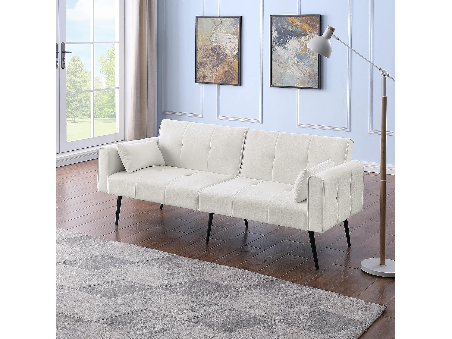 Canapé-lit contemporain dossier réglable coussins mousse haute résilience tissu beige structure bois robuste