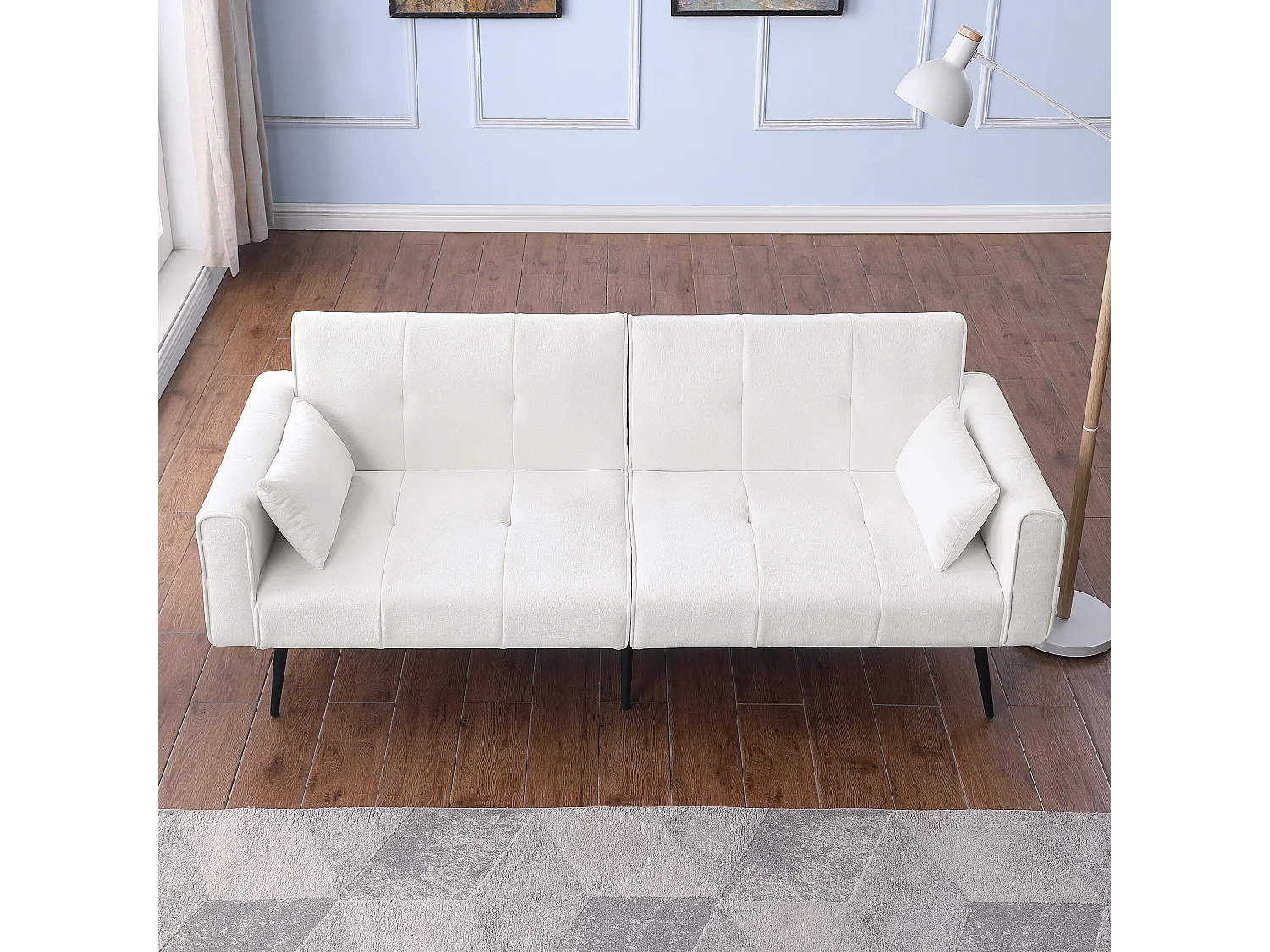 Canapé-lit contemporain dossier réglable coussins mousse haute résilience tissu beige structure bois robuste