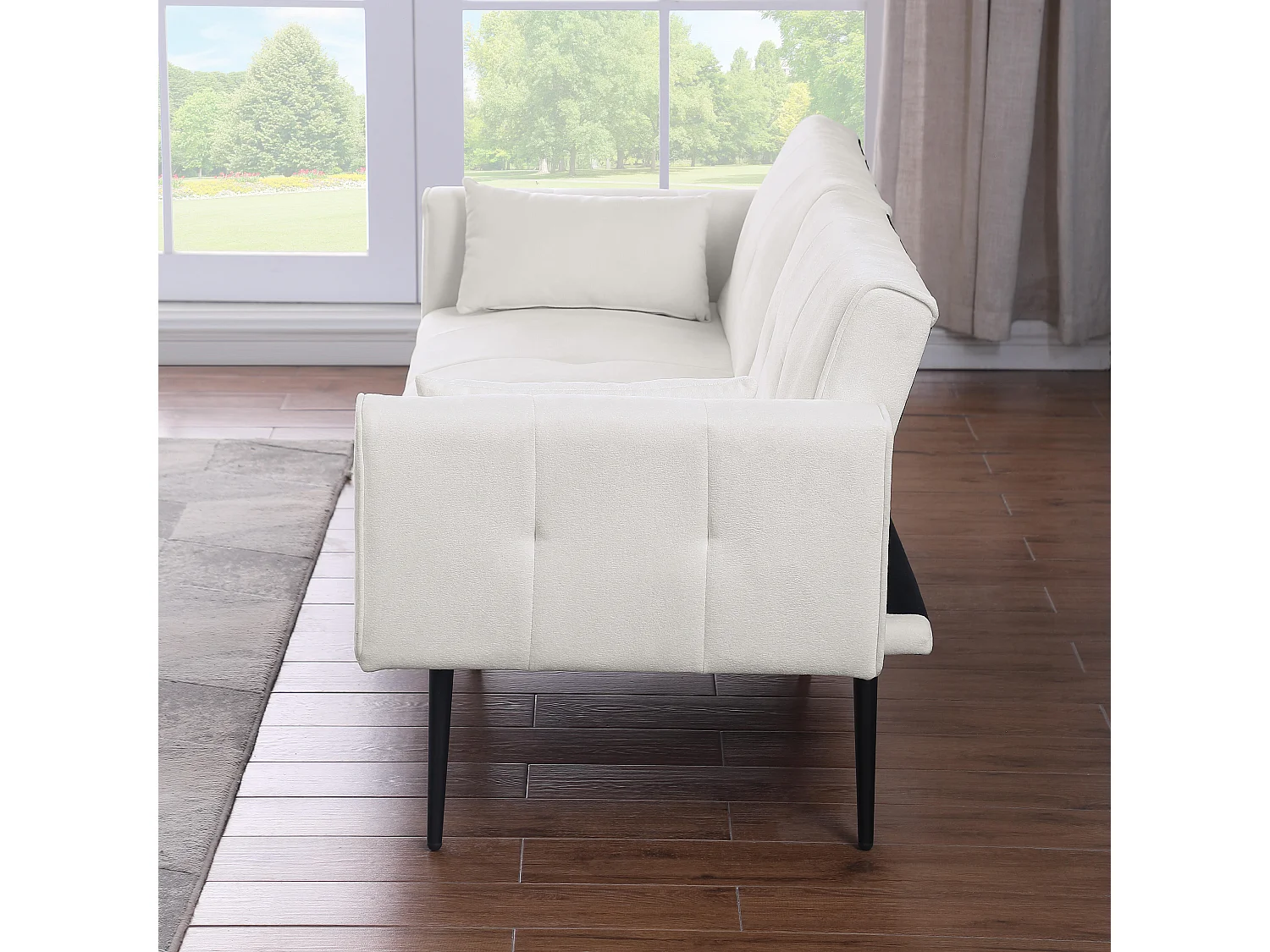 Canapé-lit contemporain dossier réglable coussins mousse haute résilience tissu beige structure bois robuste