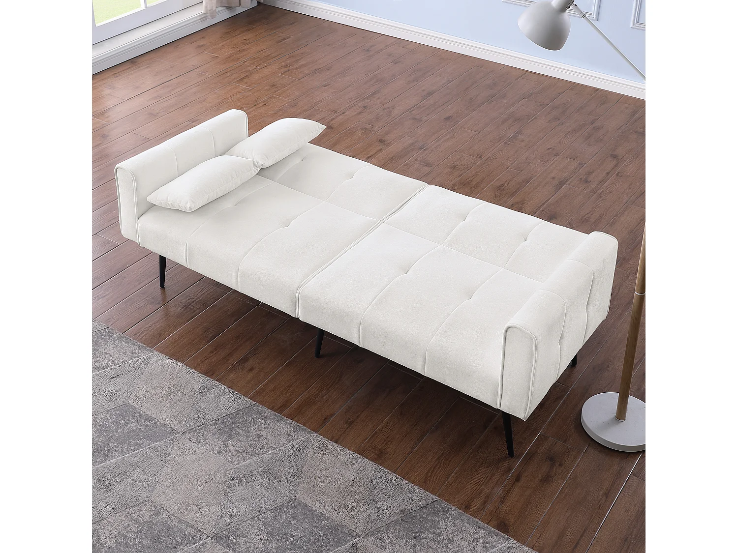 Canapé-lit contemporain dossier réglable coussins mousse haute résilience tissu beige structure bois robuste