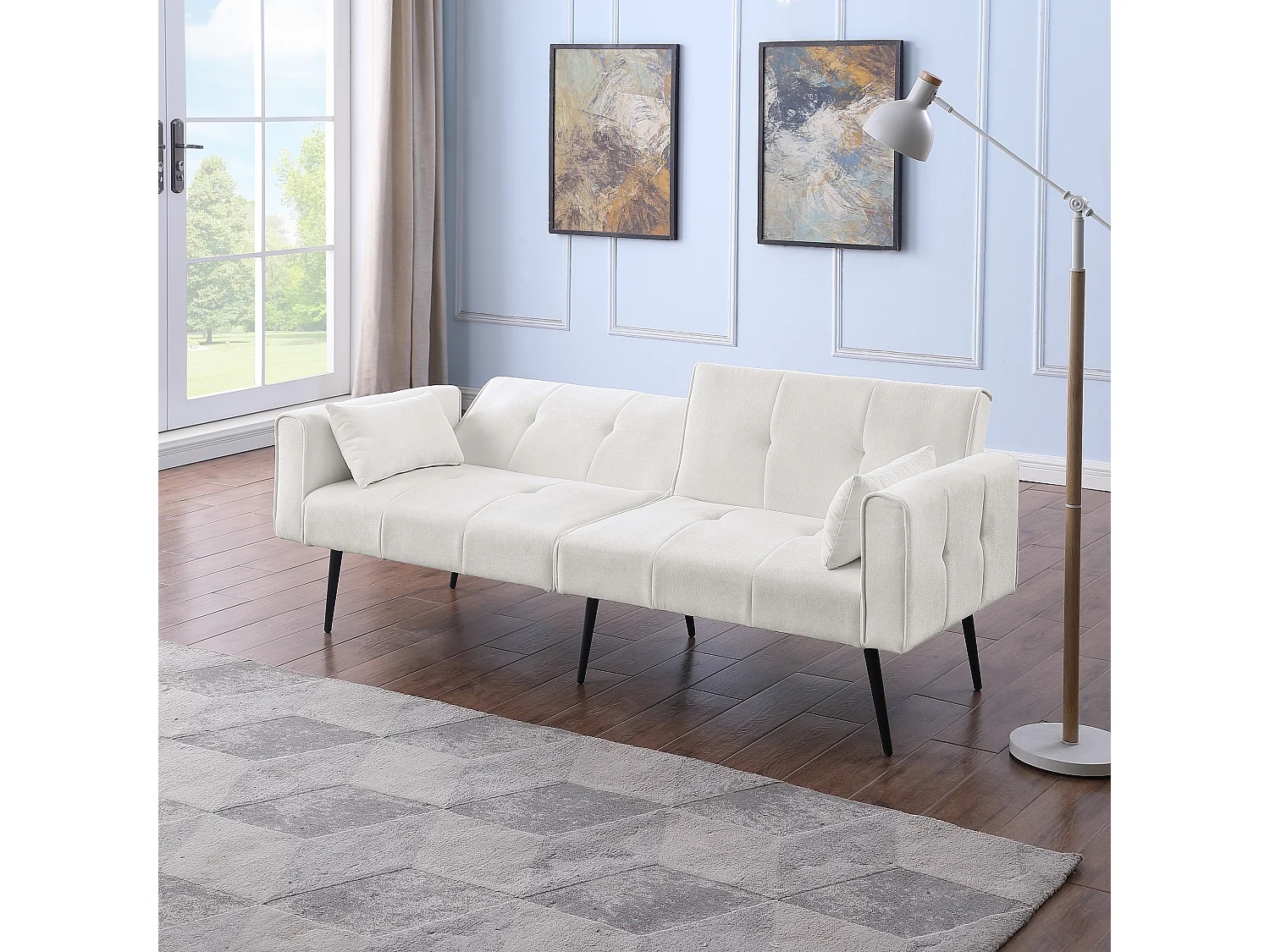 Canapé-lit contemporain dossier réglable coussins mousse haute résilience tissu beige structure bois robuste