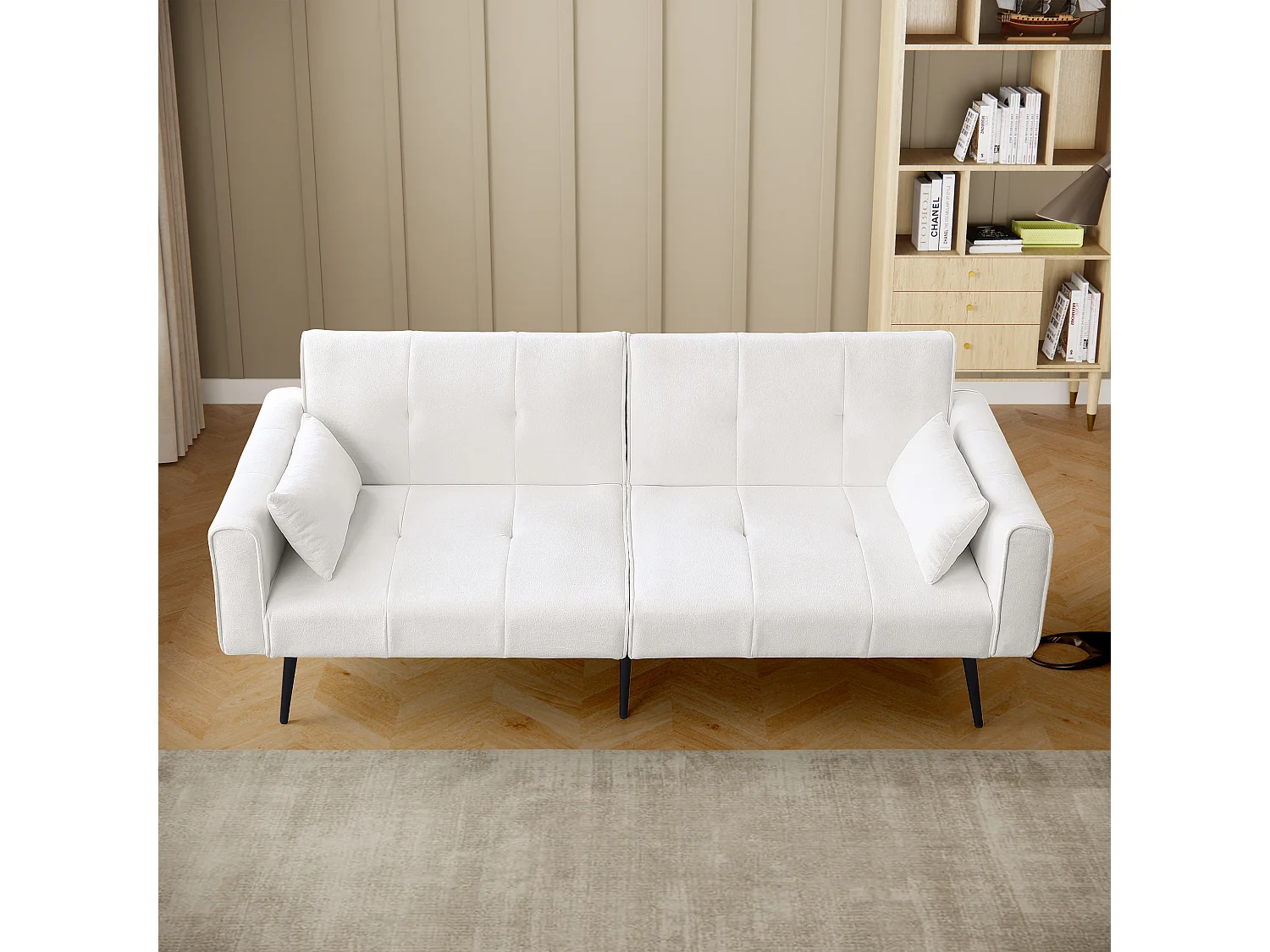 Canapé futon convertible en lit, installation facile, tissu beige