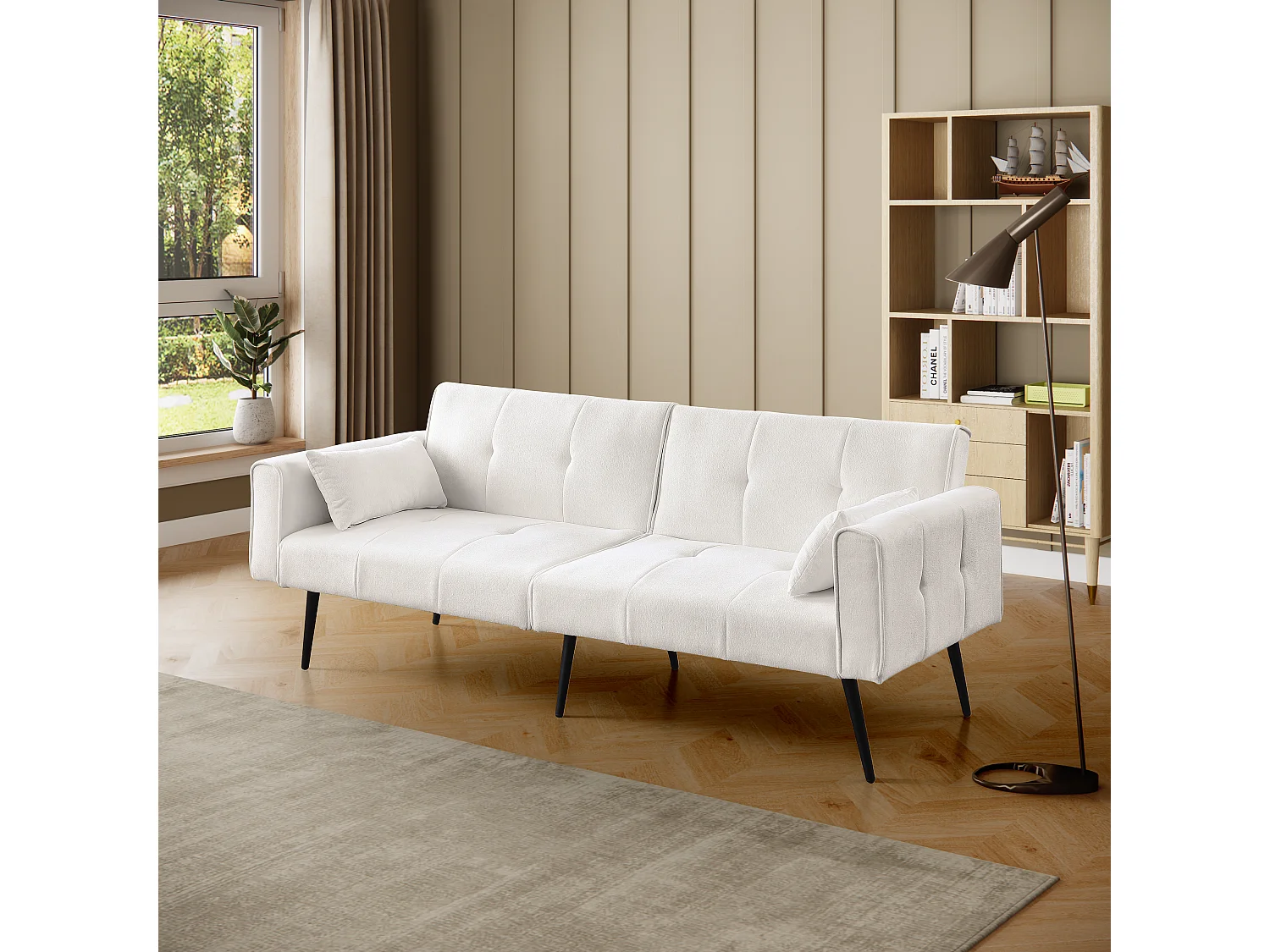 Canapé futon convertible en lit, installation facile, tissu beige