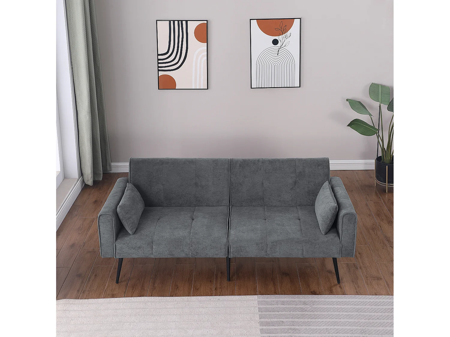 Canapé convertible, dossier réglable, tissu côtelé gris