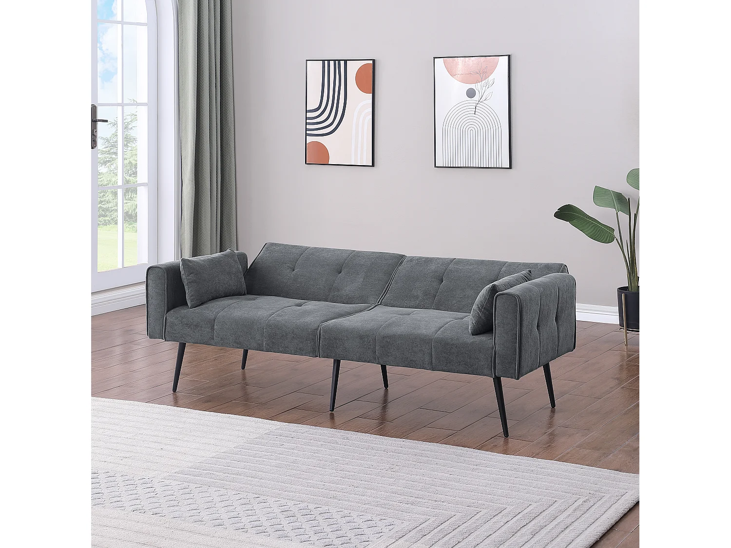 Canapé convertible, dossier réglable, tissu côtelé gris