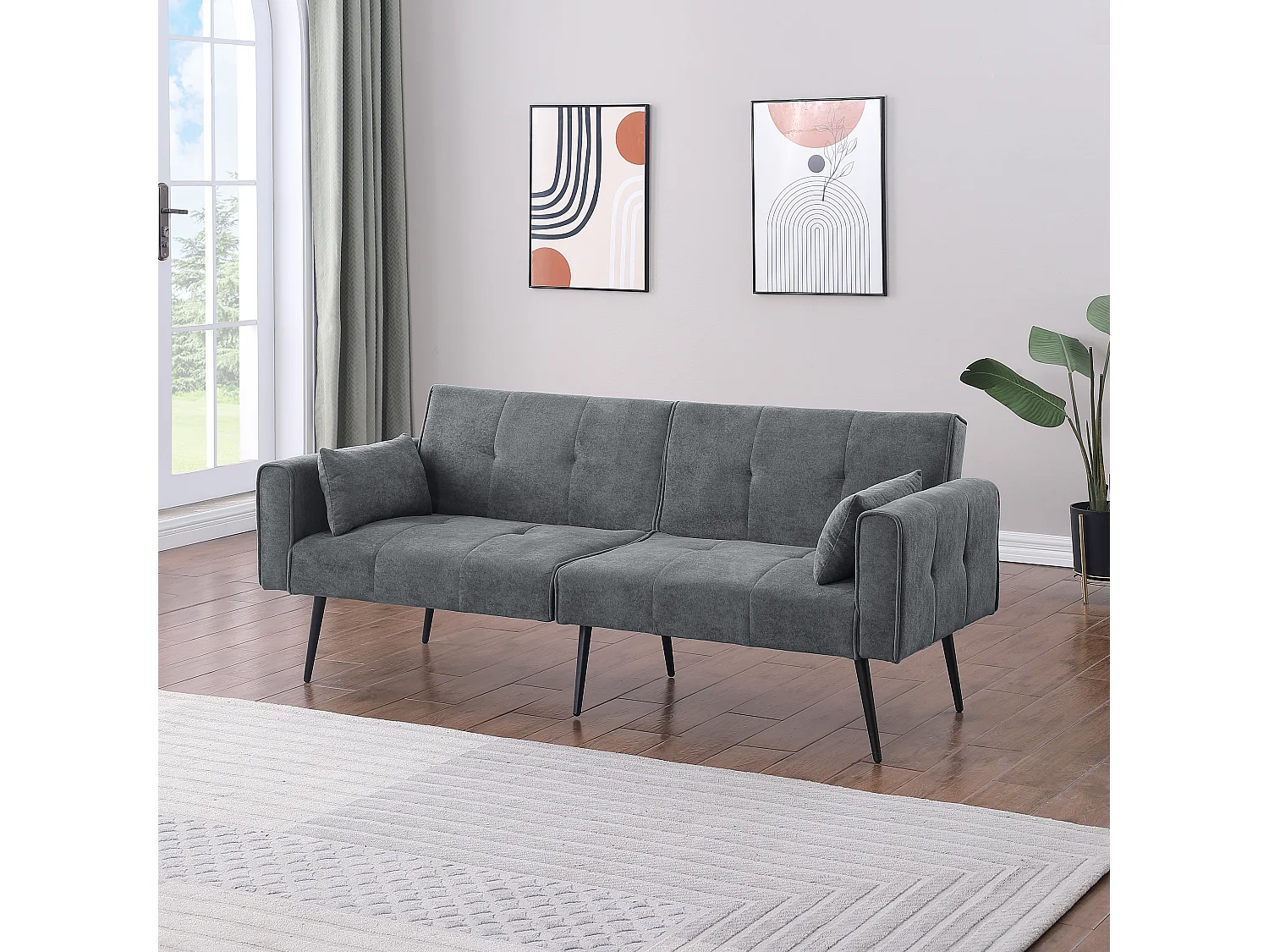 Canapé convertible, dossier réglable, tissu côtelé gris