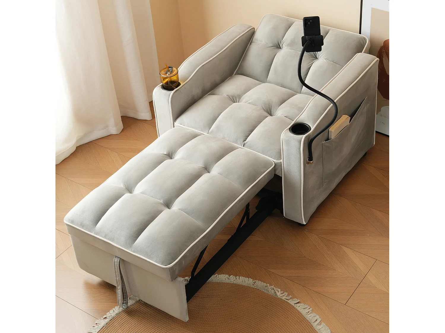 Canapé convertible style moderne relax réglable velours mousse pour petit espace gris antique et blanc
