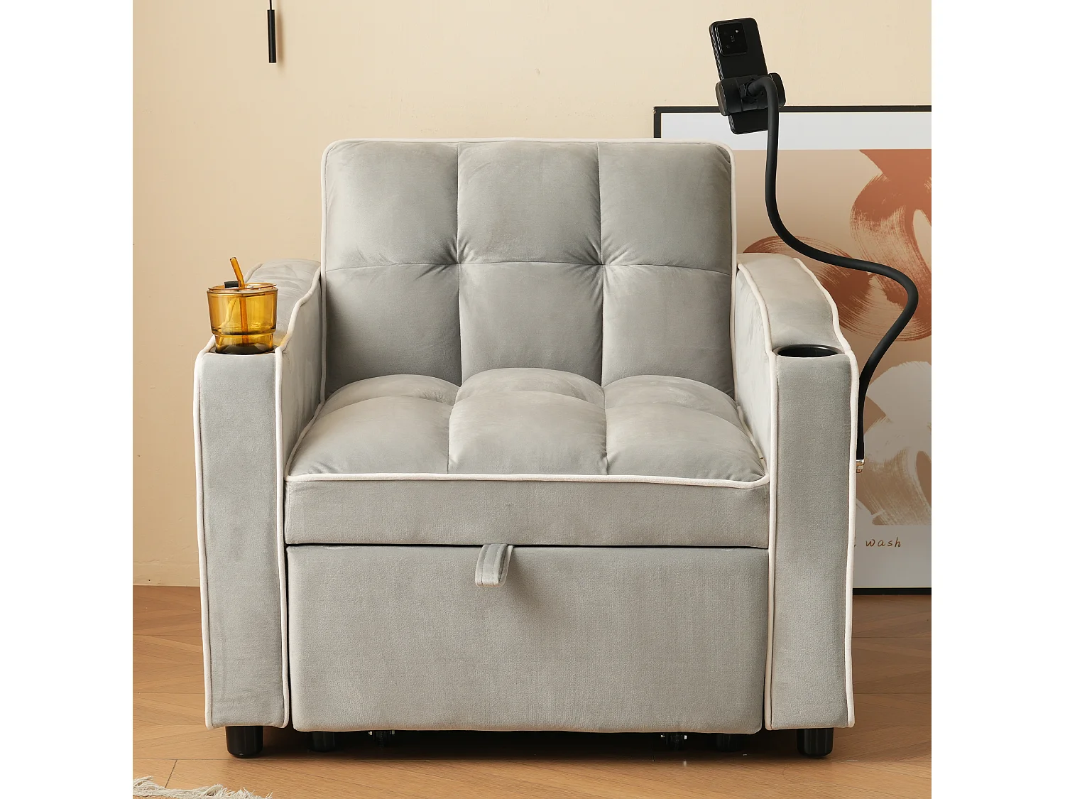 Canapé convertible style moderne relax réglable velours mousse pour petit espace gris antique et blanc