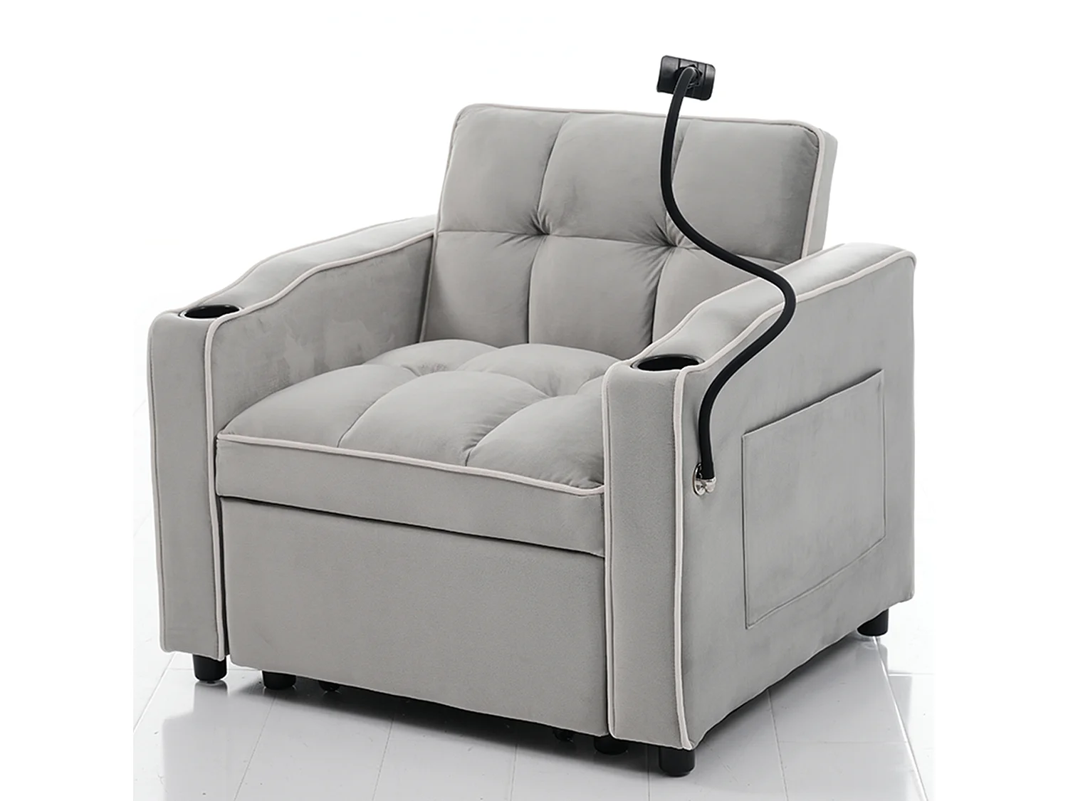 Fauteuil convertible 83x167x76 cm, 3 en 1, dossier réglable, porte gobelets, support téléphone, mousse, gris antique blanc