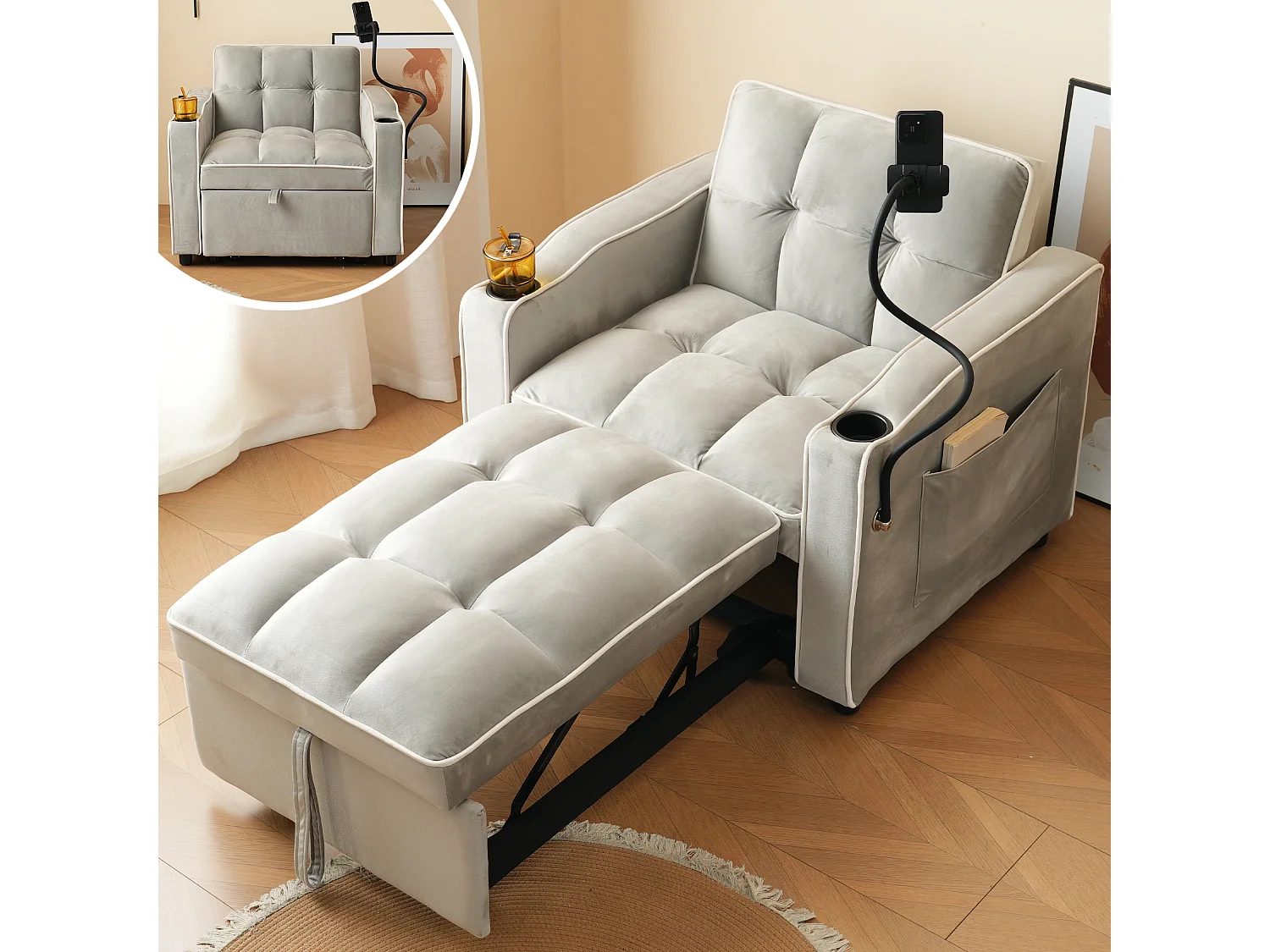 Fauteuil convertible 83x167x76 cm, 3 en 1, dossier réglable, porte gobelets, support téléphone, mousse, gris antique blanc