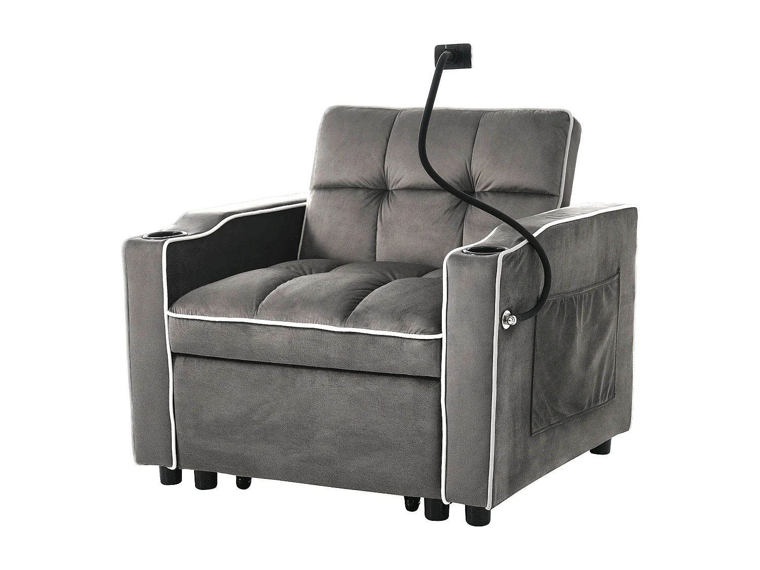 Fauteuil convertible 83x167x76 cm, 3 en 1, dossier réglable, porte gobelets, support téléphone, mousse, gris anthracite