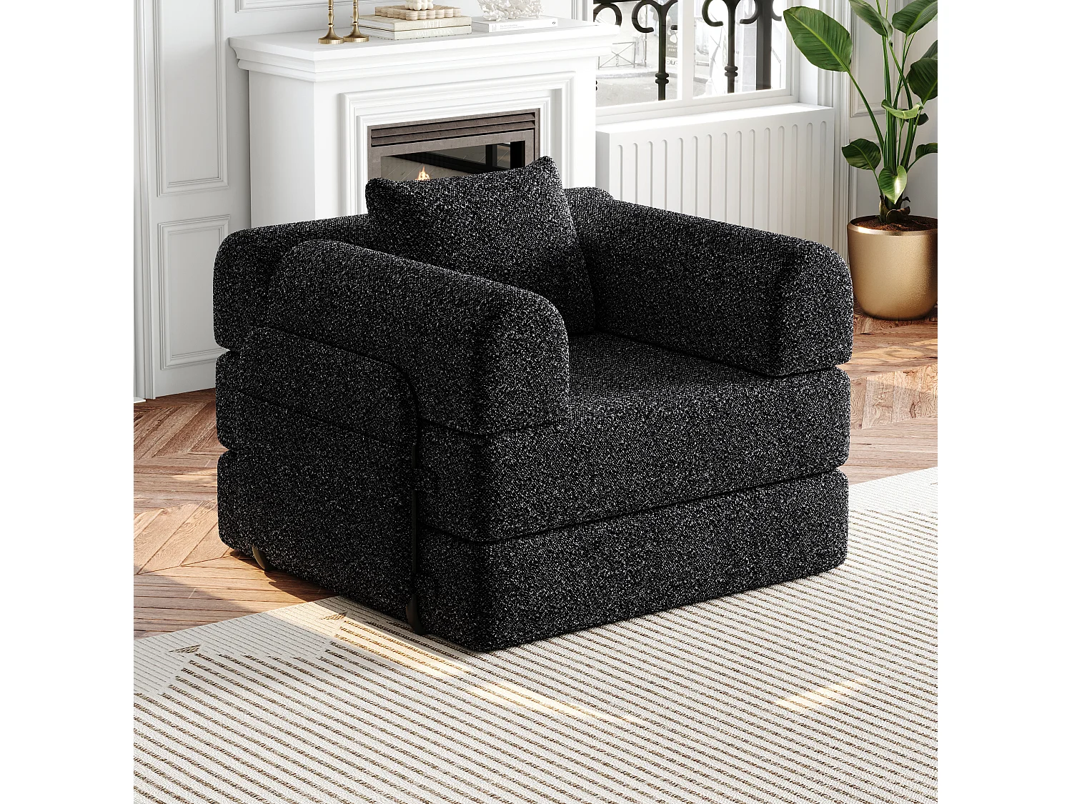 Fauteuil convertible, 2 en 1, rangement accoudoir, 3 cadres en acier, chenille noire